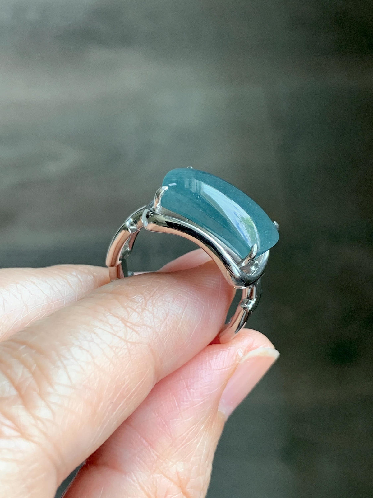 Certified Natural Grade A Guatemalan Icy Dusty Blueberry Blue Jade Jadeite Saddle Ring Sterling Silver Size 7.5 US 7.9g 天然冰危蓝莓翡翠马鞍戒指 1040