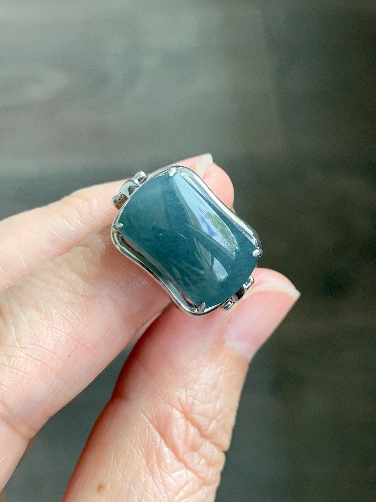 Certified Natural Grade A Guatemalan Icy Dusty Blueberry Blue Jade Jadeite Saddle Ring Sterling Silver Size 7.5 US 7.9g 天然冰危蓝莓翡翠马鞍戒指 1040