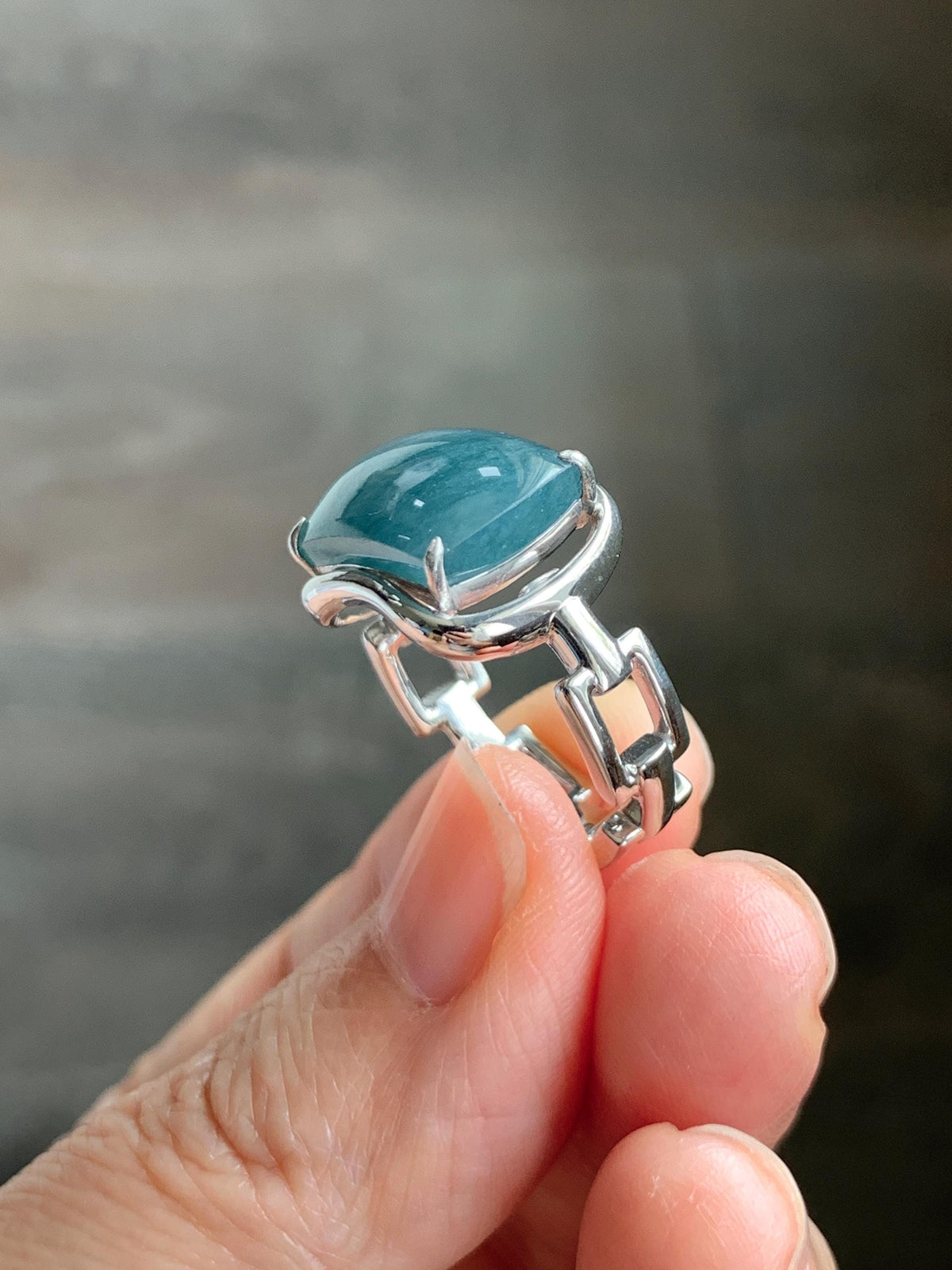 Certified Natural Grade A Guatemalan Icy Dusty Blueberry Blue Jade Jadeite Saddle Ring Sterling Silver Size 7.5 US 7.9g 天然冰危蓝莓翡翠马鞍戒指 1040