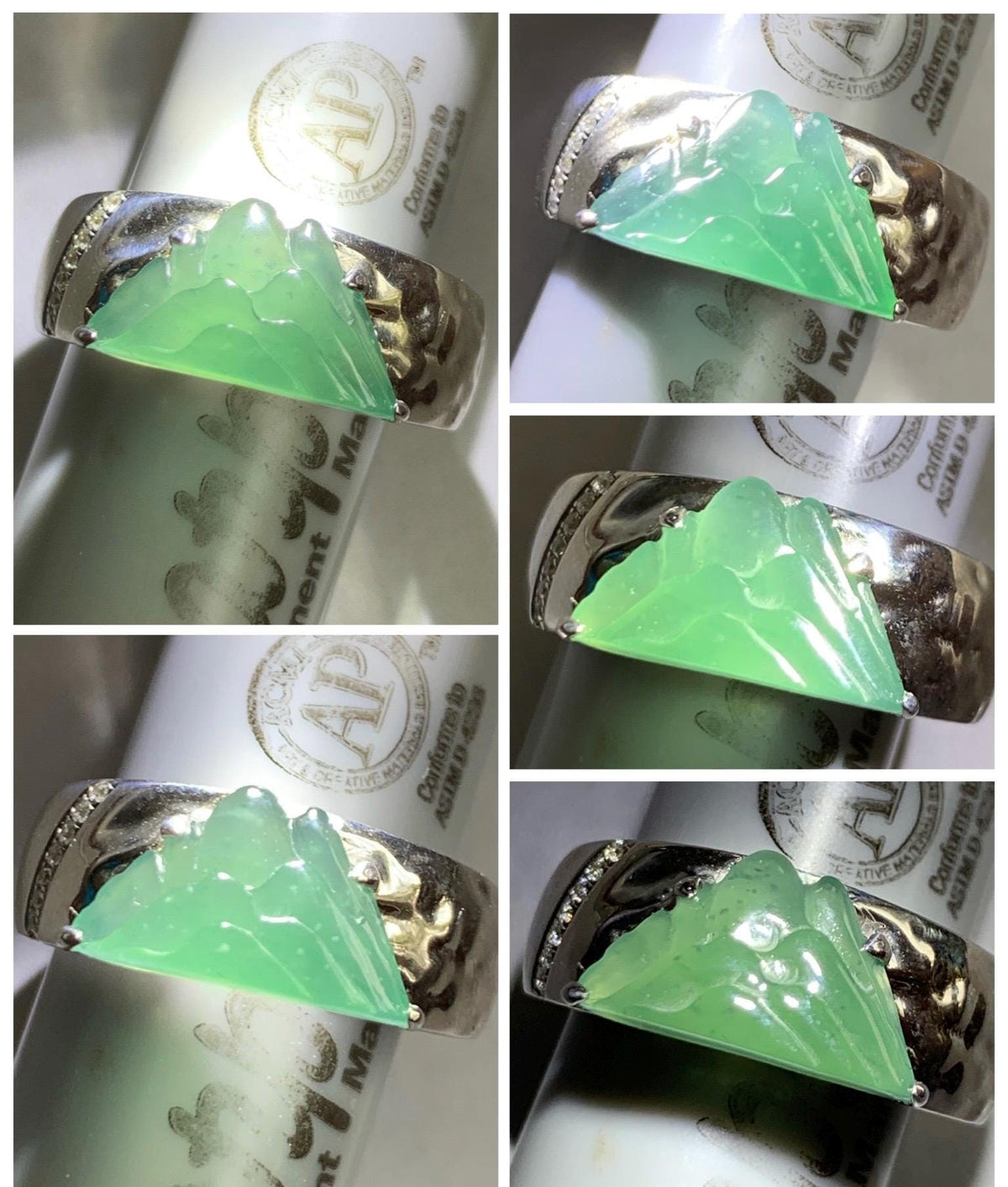 Certified Natural Grade A Guatemalan Icy Teal Green Jade Jadeite Shan Shui Band Ring Sterling Silver Size 7.25 US 7.4g 天然冰危晴绿翡翠山水戒指 1034