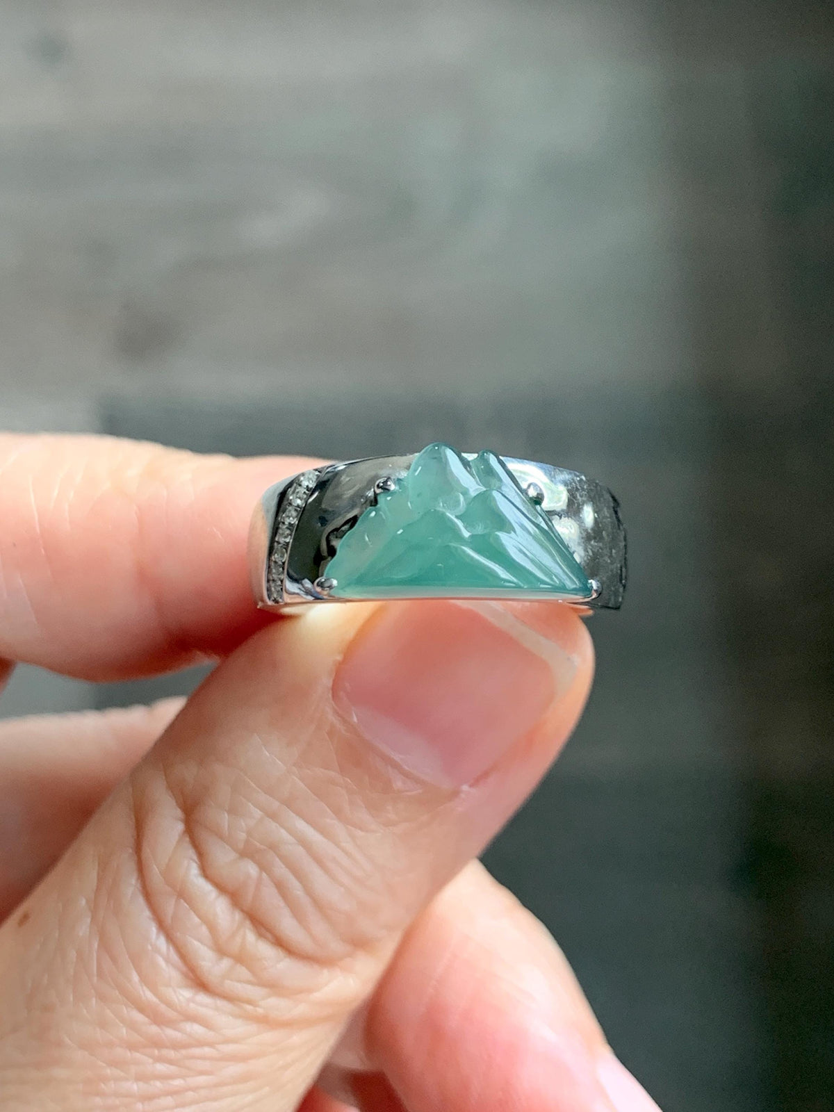Certified Natural Grade A Guatemalan Icy Teal Green Jade Jadeite Shan Shui Band Ring Sterling Silver Size 7.25 US 7.4g 天然冰危晴绿翡翠山水戒指 1034