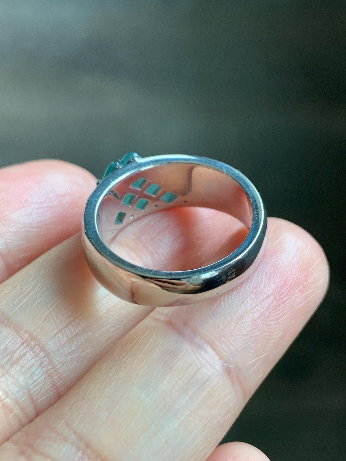 Certified Natural Grade A Guatemalan Icy Teal Green Jade Jadeite Shan Shui Band Ring Sterling Silver Size 7.25 US 7.4g 天然冰危晴绿翡翠山水戒指 1034