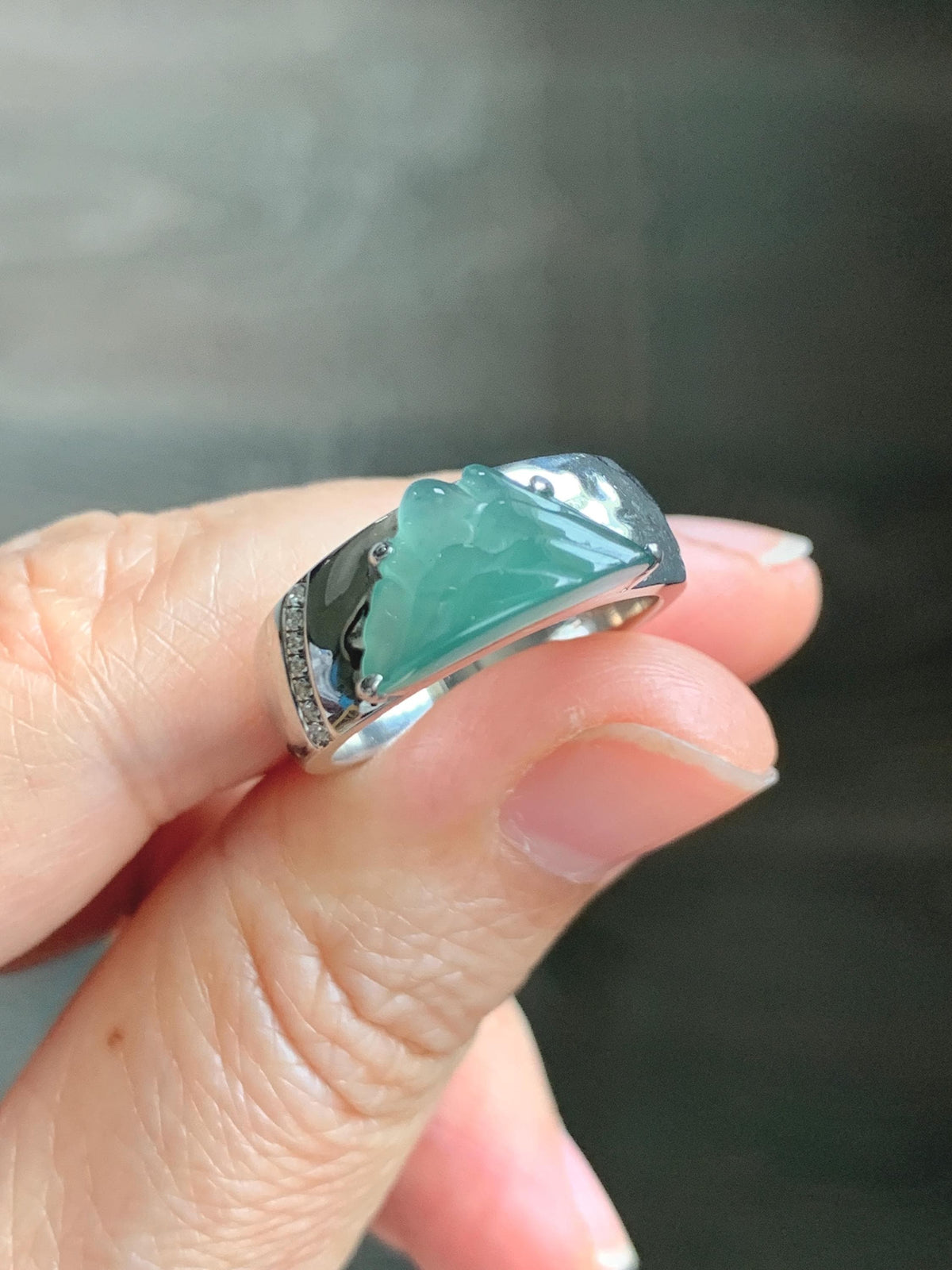 Certified Natural Grade A Guatemalan Icy Teal Green Jade Jadeite Shan Shui Band Ring Sterling Silver Size 7.25 US 7.4g 天然冰危晴绿翡翠山水戒指 1034