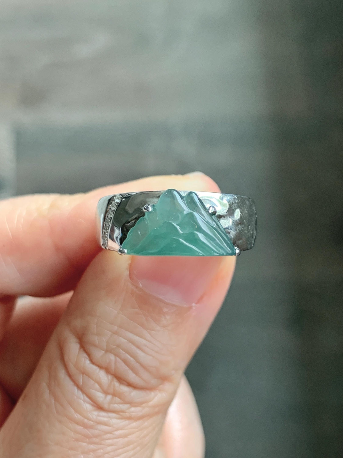 Certified Natural Grade A Guatemalan Icy Teal Green Jade Jadeite Shan Shui Band Ring Sterling Silver Size 7.25 US 7.4g 天然冰危晴绿翡翠山水戒指 1034