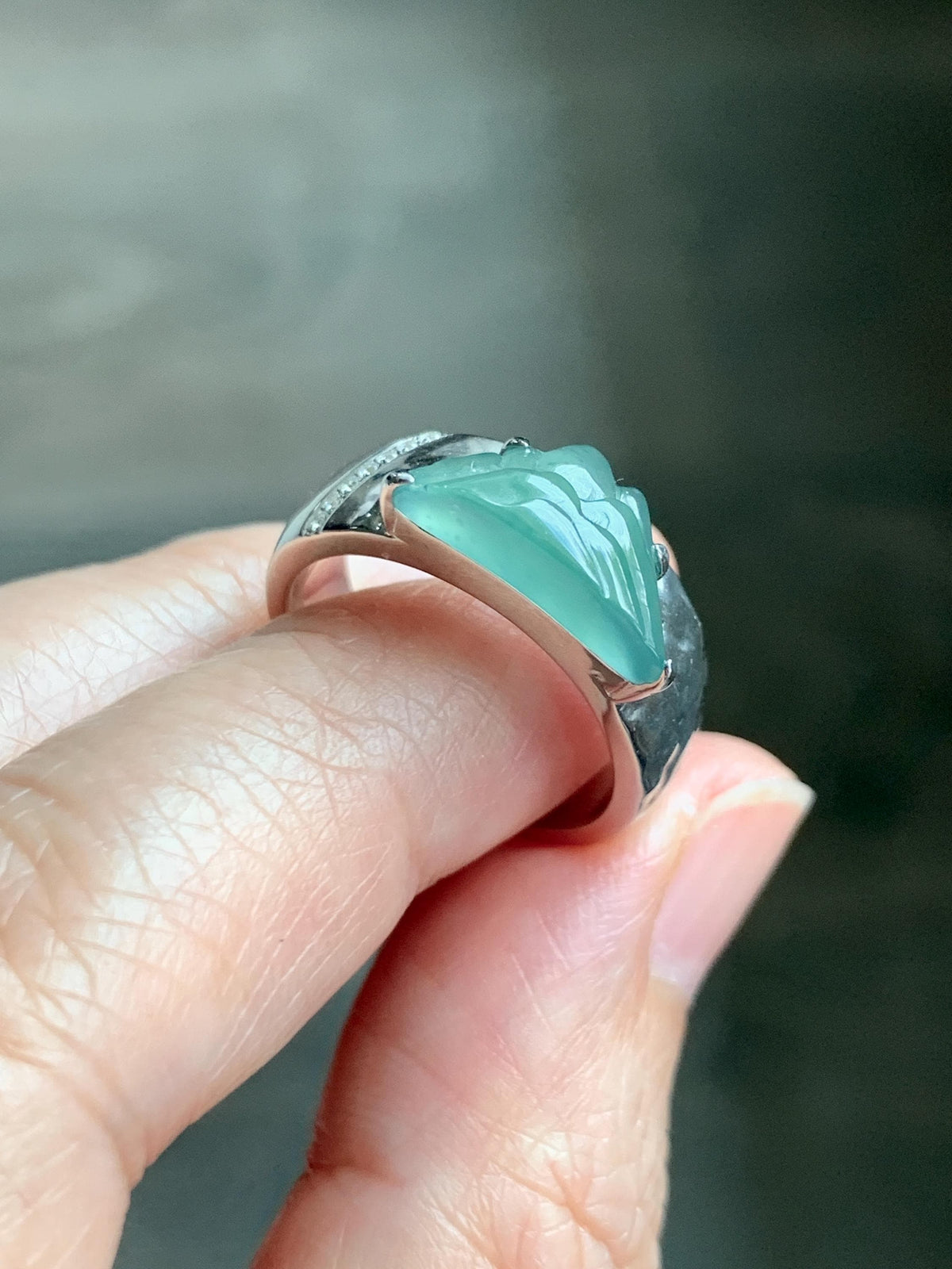 Certified Natural Grade A Guatemalan Icy Teal Green Jade Jadeite Shan Shui Band Ring Sterling Silver Size 7.25 US 7.4g 天然冰危晴绿翡翠山水戒指 1034