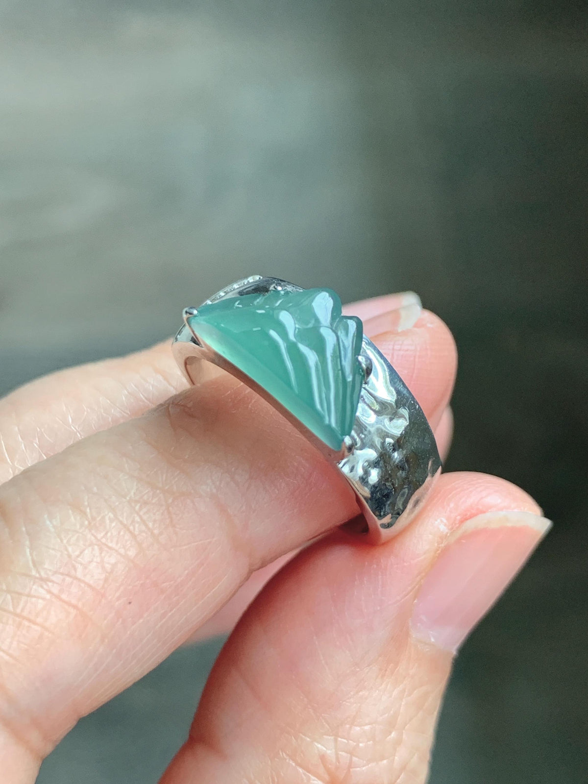 Certified Natural Grade A Guatemalan Icy Teal Green Jade Jadeite Shan Shui Band Ring Sterling Silver Size 7.25 US 7.4g 天然冰危晴绿翡翠山水戒指 1034