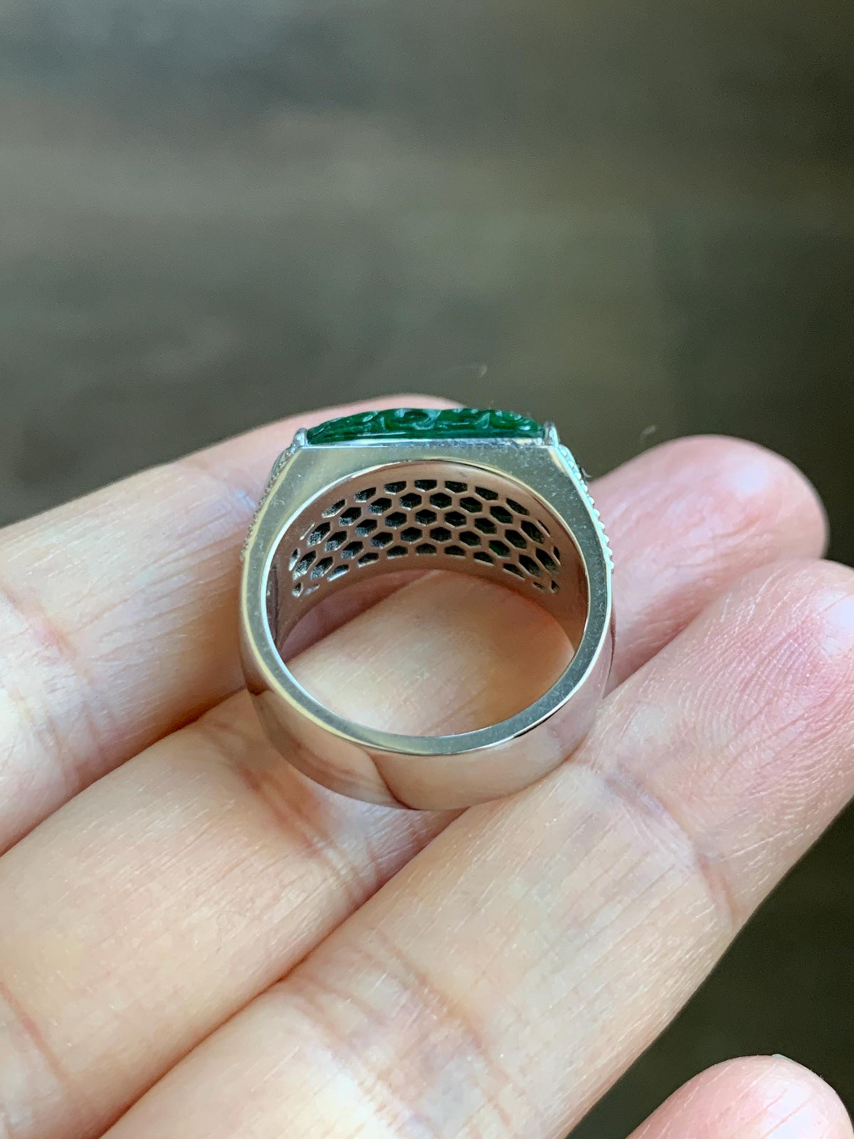 Certified Natural Grade A Icy Intense Green Jade Jadeite Engraved Saddle Band Ring Size 7.25 US 10.7g 天然深绿花青翡翠仿古雕马鞍戒指 1019