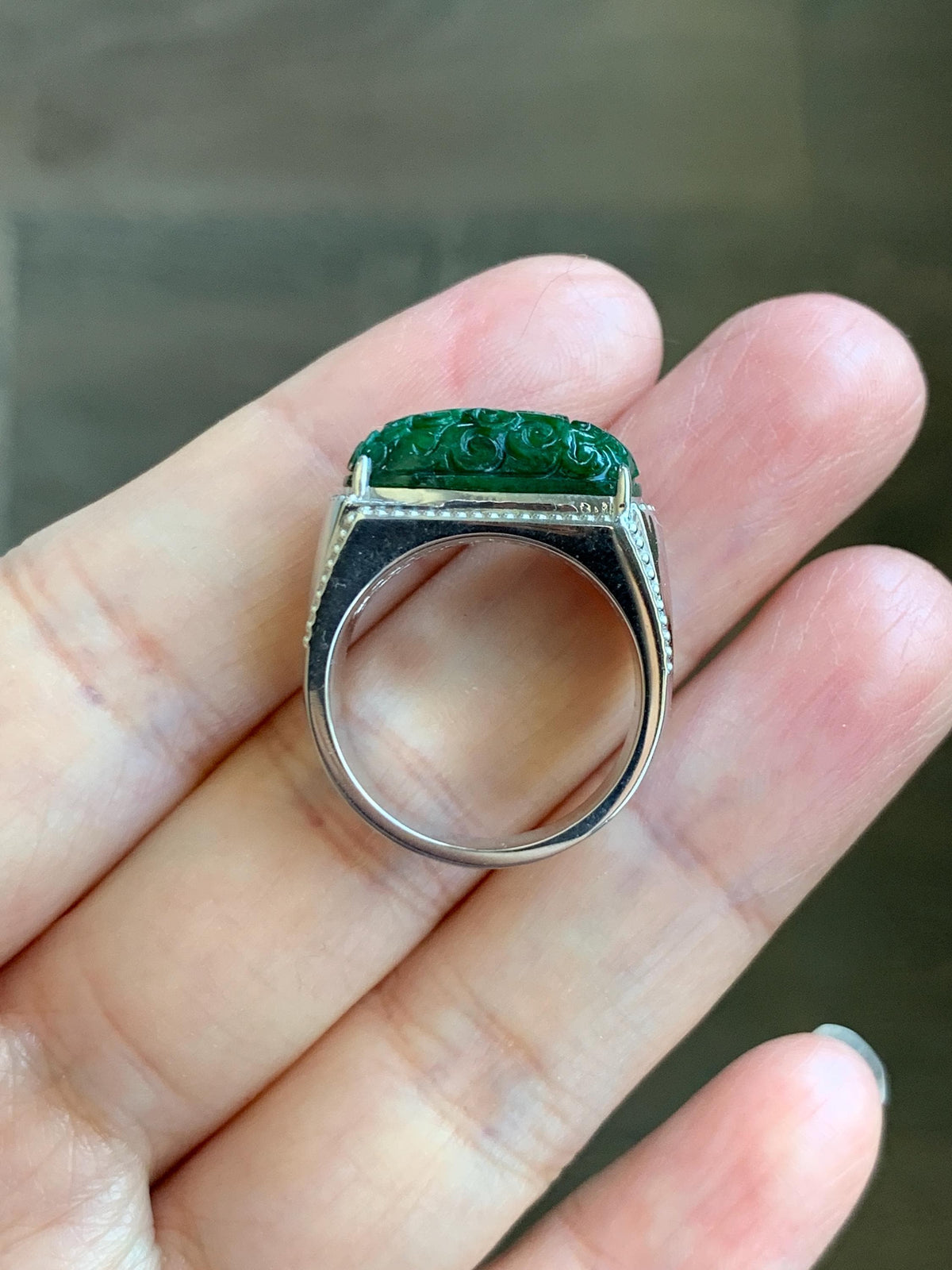 Certified Natural Grade A Icy Intense Green Jade Jadeite Engraved Saddle Band Ring Size 7.25 US 10.7g 天然深绿花青翡翠仿古雕马鞍戒指 1019
