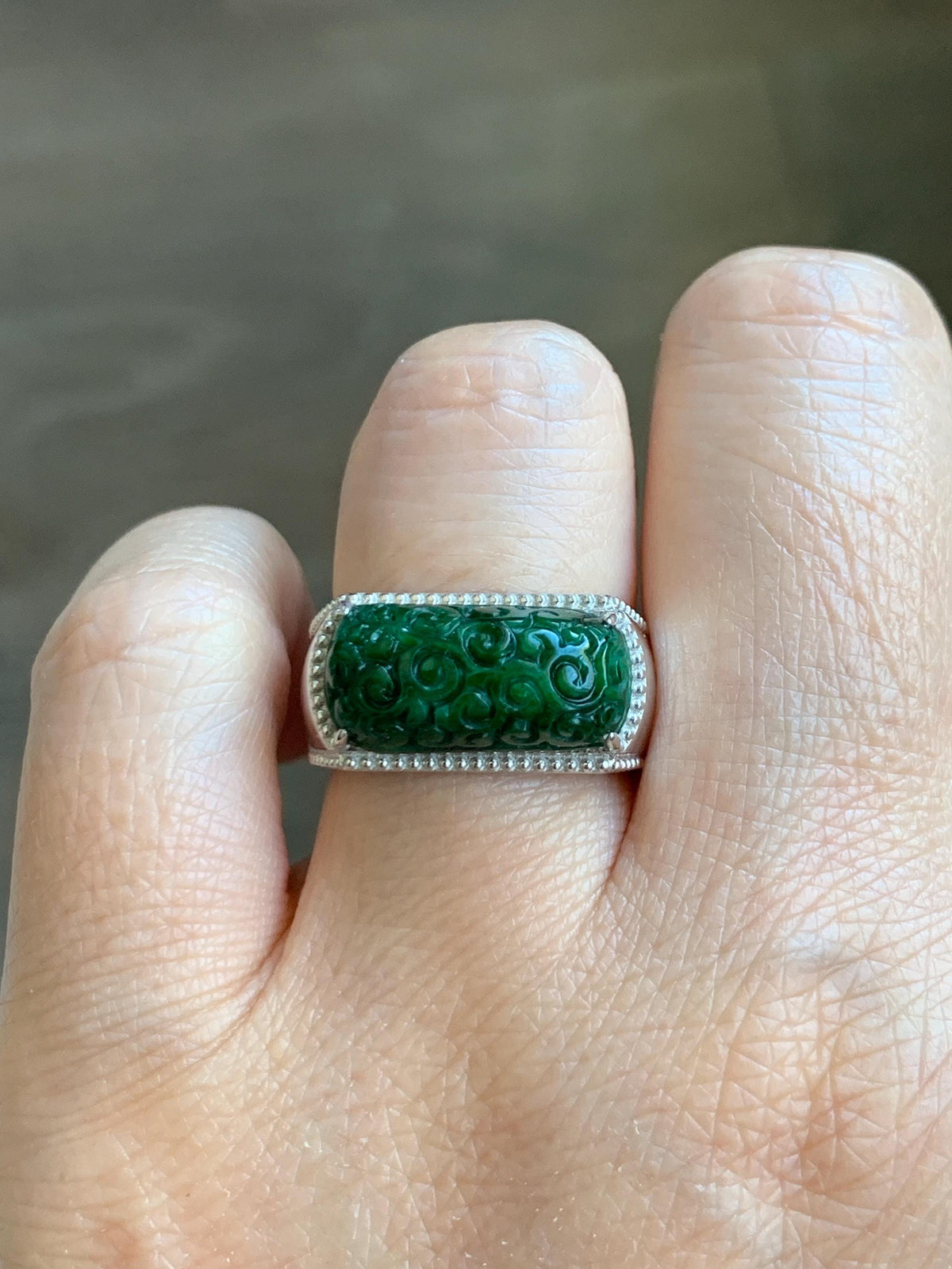 Certified Natural Grade A Icy Intense Green Jade Jadeite Engraved Saddle Band Ring Size 7.25 US 10.7g 天然深绿花青翡翠仿古雕马鞍戒指 1019