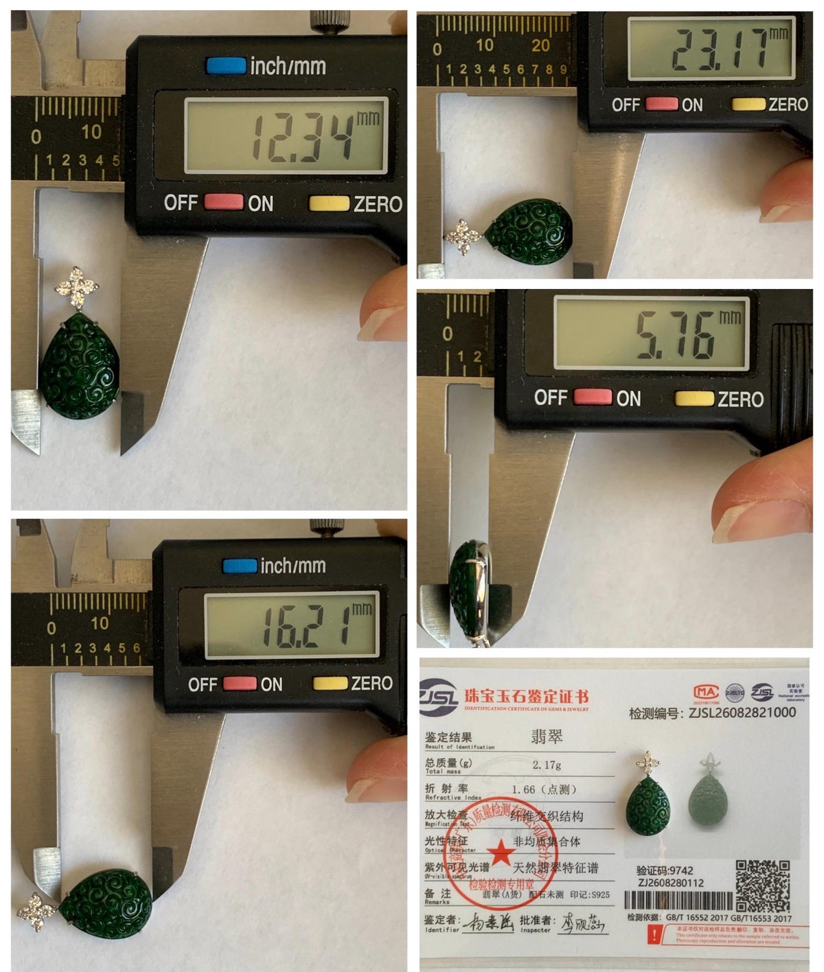 Certified Natural Grade A Intense Green Jade Jadeite Engraved Teardrop Pendant Sterling Silver Moissanite 2.17g 天然满绿花青翡翠仿古雕水滴吊坠 1000