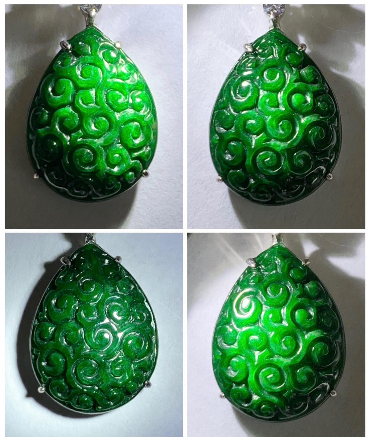 Certified Natural Grade A Intense Green Jade Jadeite Engraved Teardrop Pendant Sterling Silver Moissanite 2.17g 天然满绿花青翡翠仿古雕水滴吊坠 1000