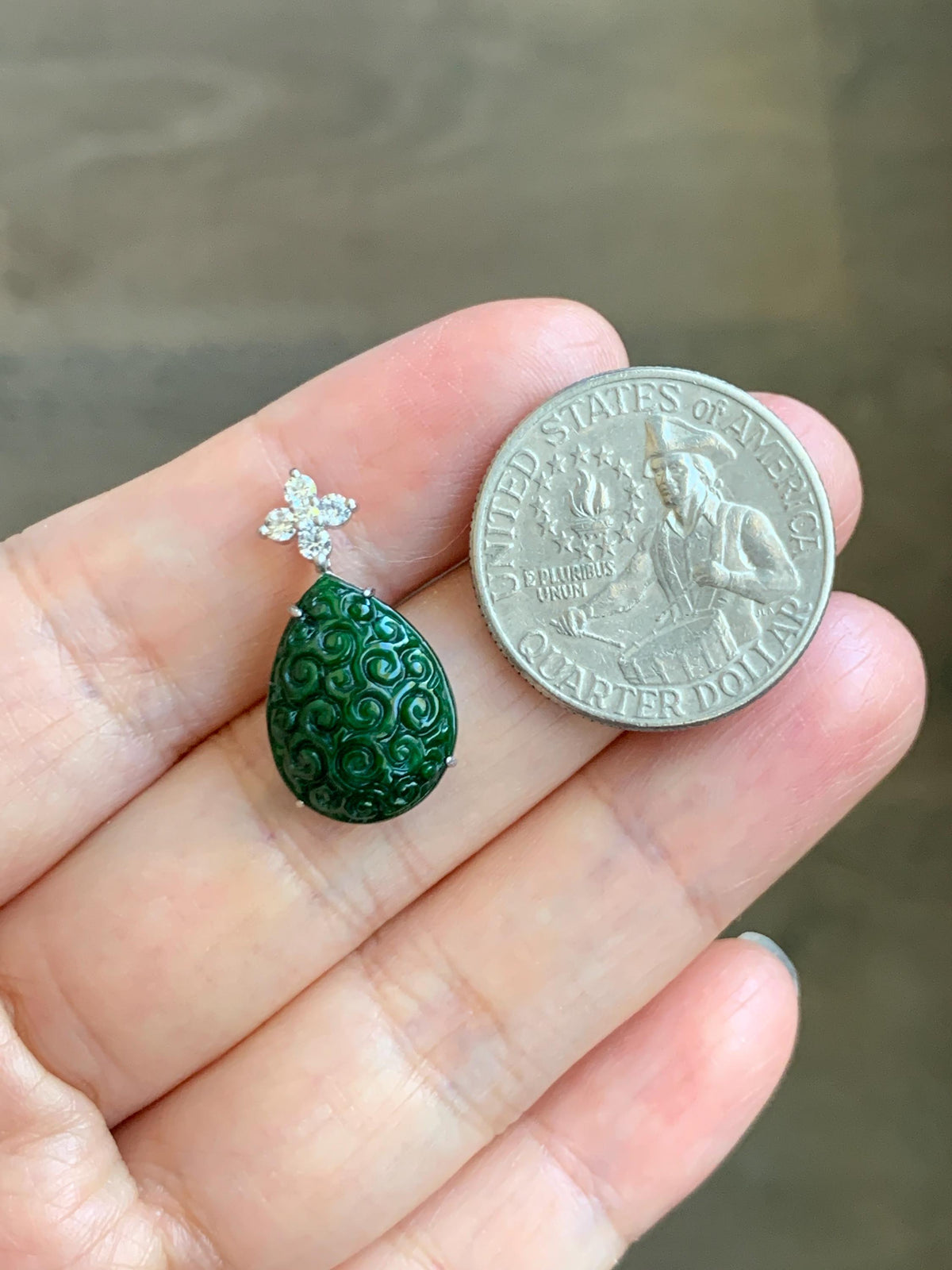Certified Natural Grade A Intense Green Jade Jadeite Engraved Teardrop Pendant Sterling Silver Moissanite 2.17g 天然满绿花青翡翠仿古雕水滴吊坠 1000