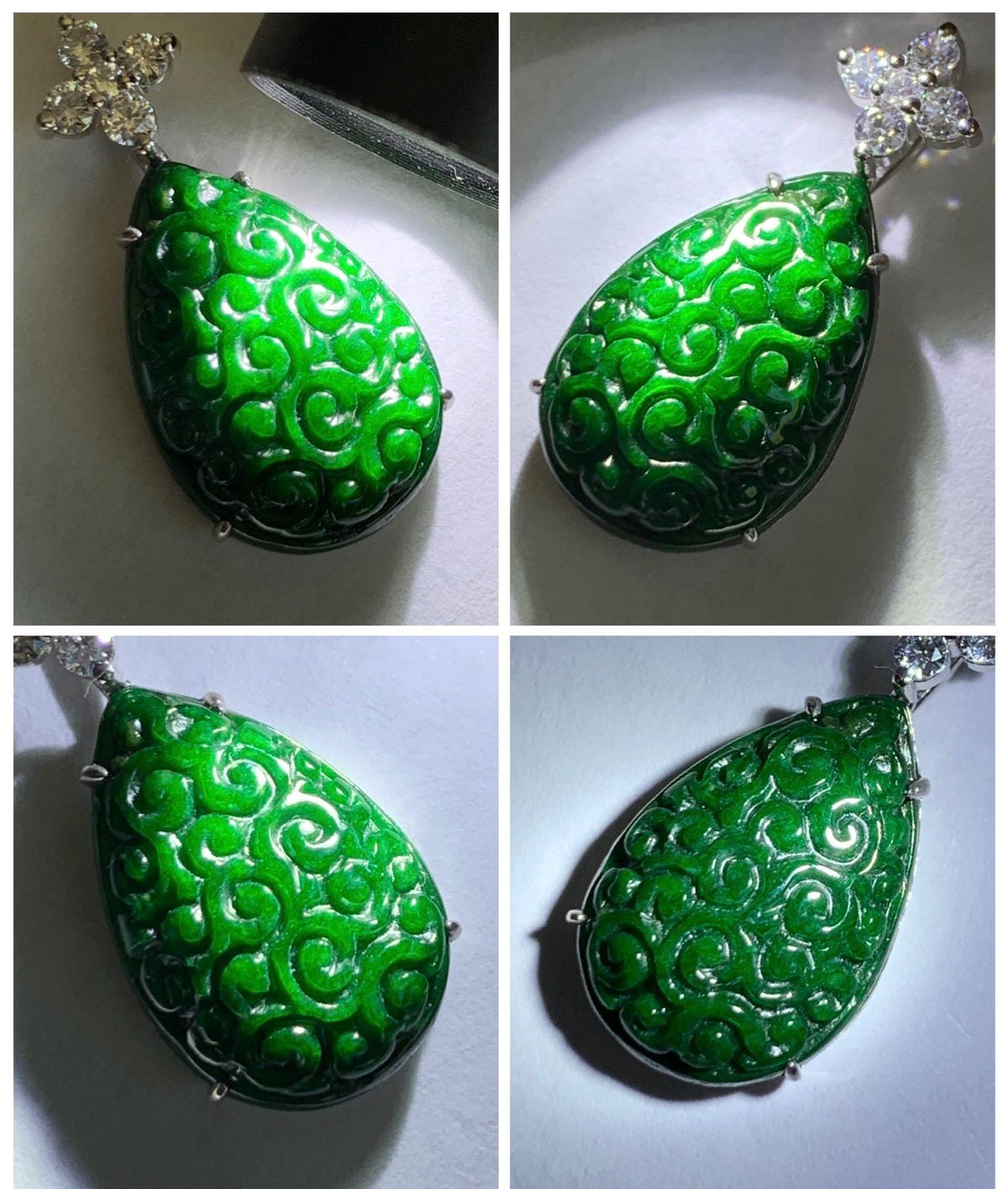 Certified Natural Grade A Intense Green Jade Jadeite Engraved Teardrop Pendant Sterling Silver Moissanite 2.2g 天然满绿花青翡翠仿古雕水滴吊坠 1002