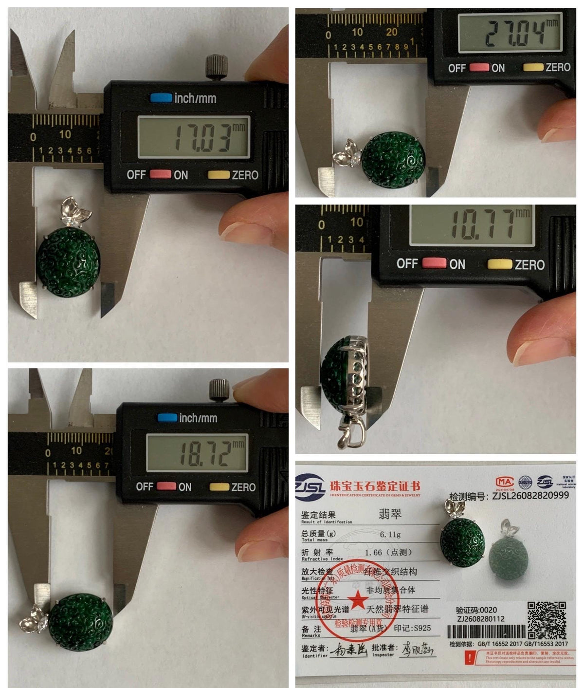 Certified Natural Grade A Intense Green Jade Jadeite Engraved Oval Pendant Sterling Silver Moissanite 6.11g 天然满绿花青翡翠仿古雕椭圆吊坠 999
