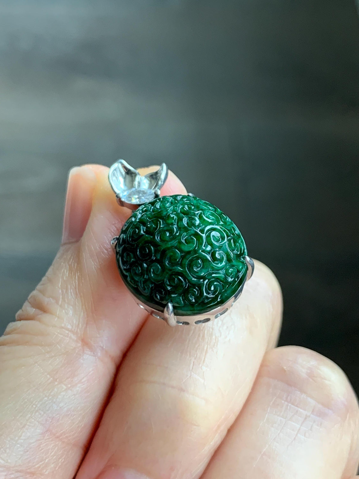Certified Natural Grade A Intense Green Jade Jadeite Engraved Oval Pendant Sterling Silver Moissanite 6.11g 天然满绿花青翡翠仿古雕椭圆吊坠 999