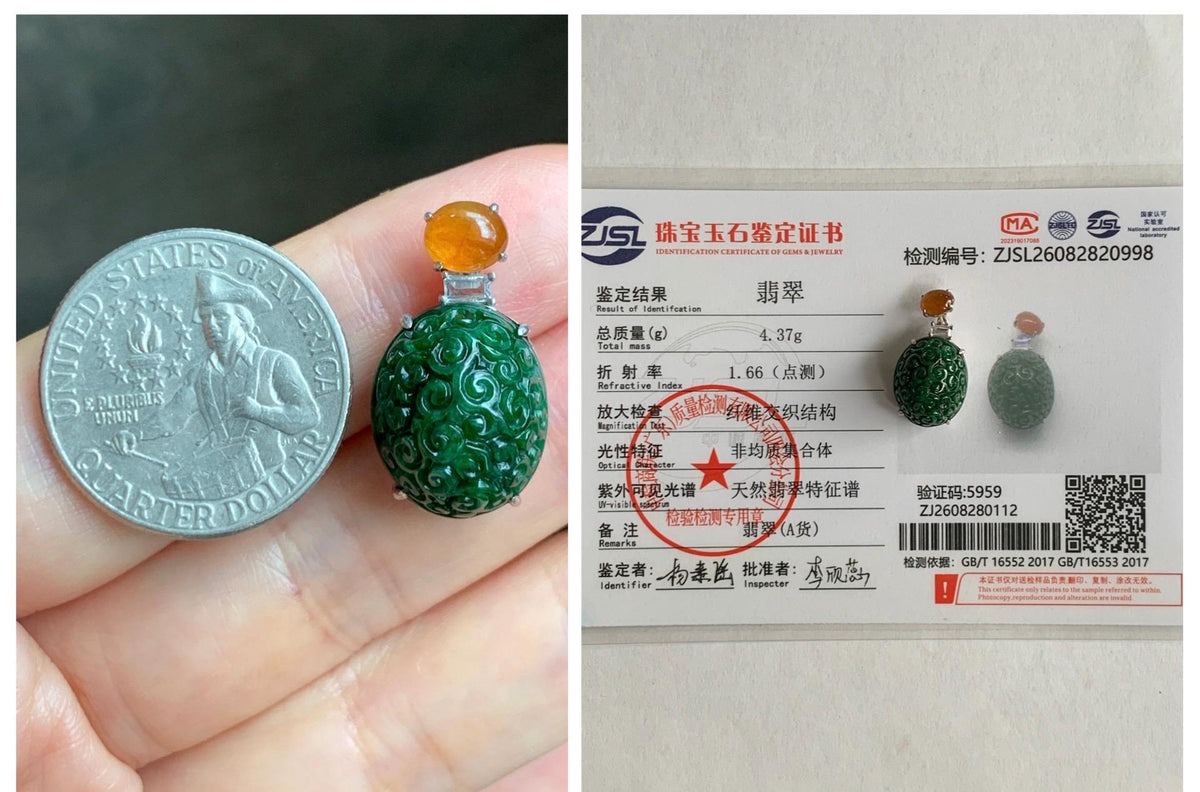 Certified Natural Grade A Icy Golden Yellow & Intense Green Jade Jadeite Engraved Oval Pendant Sterling Silver 4.37g 天然满绿花青翡翠黄翡顶珠仿古雕椭圆吊坠 998