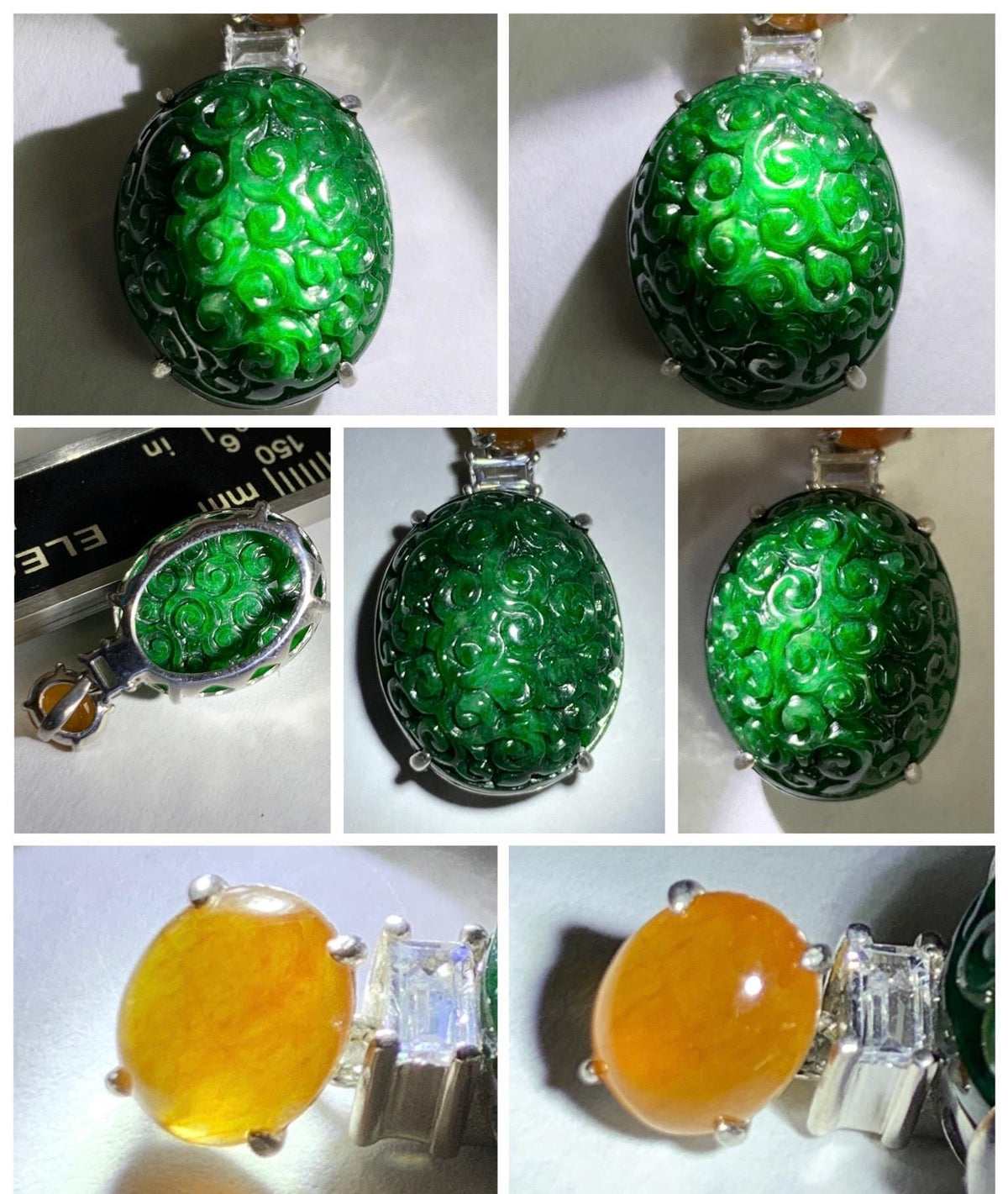 Certified Natural Grade A Icy Golden Yellow & Intense Green Jade Jadeite Engraved Oval Pendant Sterling Silver 4.37g 天然满绿花青翡翠黄翡顶珠仿古雕椭圆吊坠 998