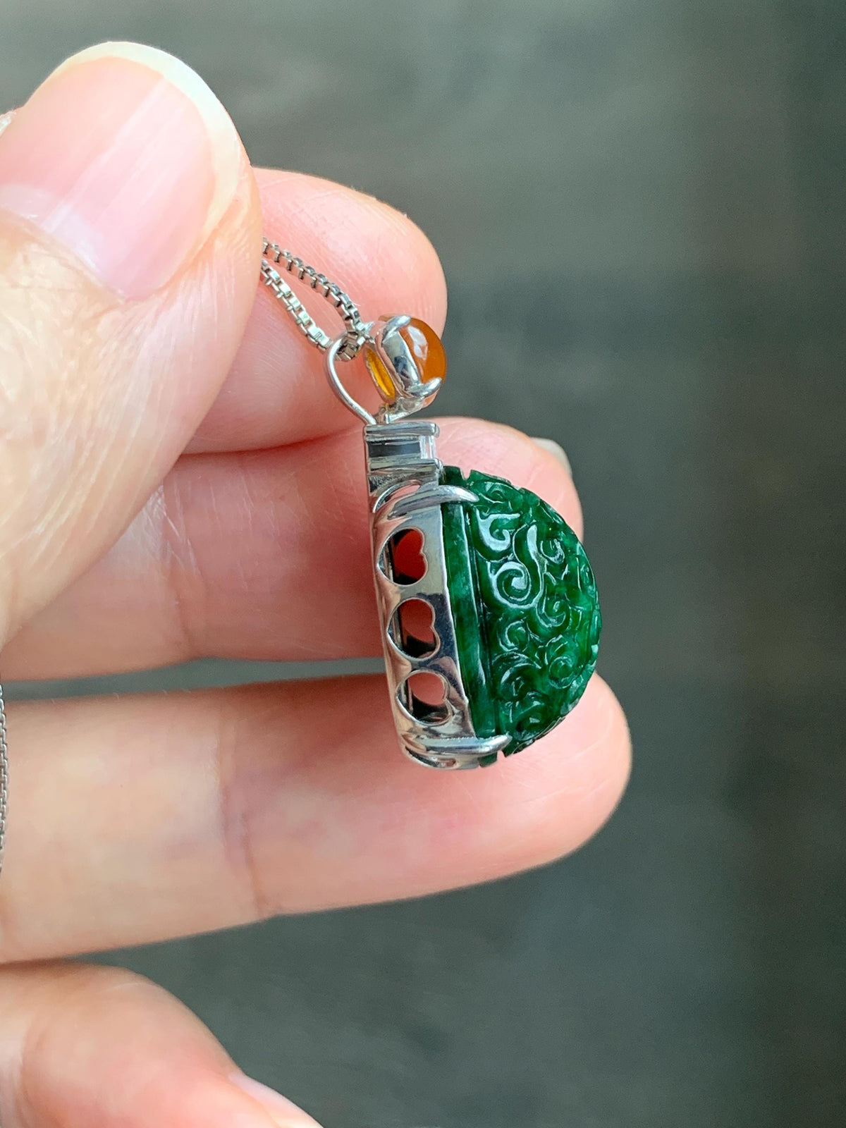 Certified Natural Grade A Icy Golden Yellow & Intense Green Jade Jadeite Engraved Oval Pendant Sterling Silver 4.37g 天然满绿花青翡翠黄翡顶珠仿古雕椭圆吊坠 998