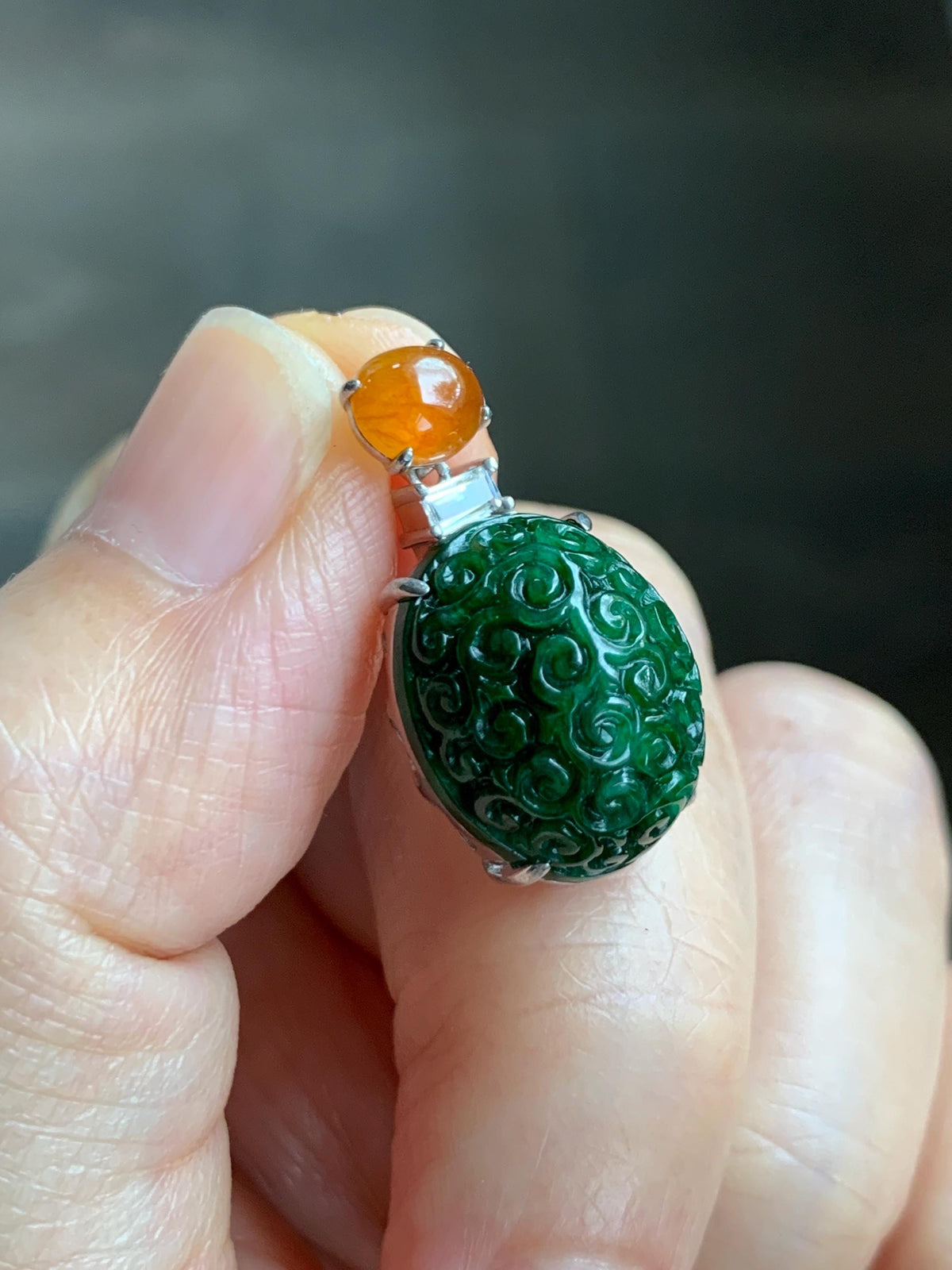 Certified Natural Grade A Icy Golden Yellow & Intense Green Jade Jadeite Engraved Oval Pendant Sterling Silver 4.37g 天然满绿花青翡翠黄翡顶珠仿古雕椭圆吊坠 998