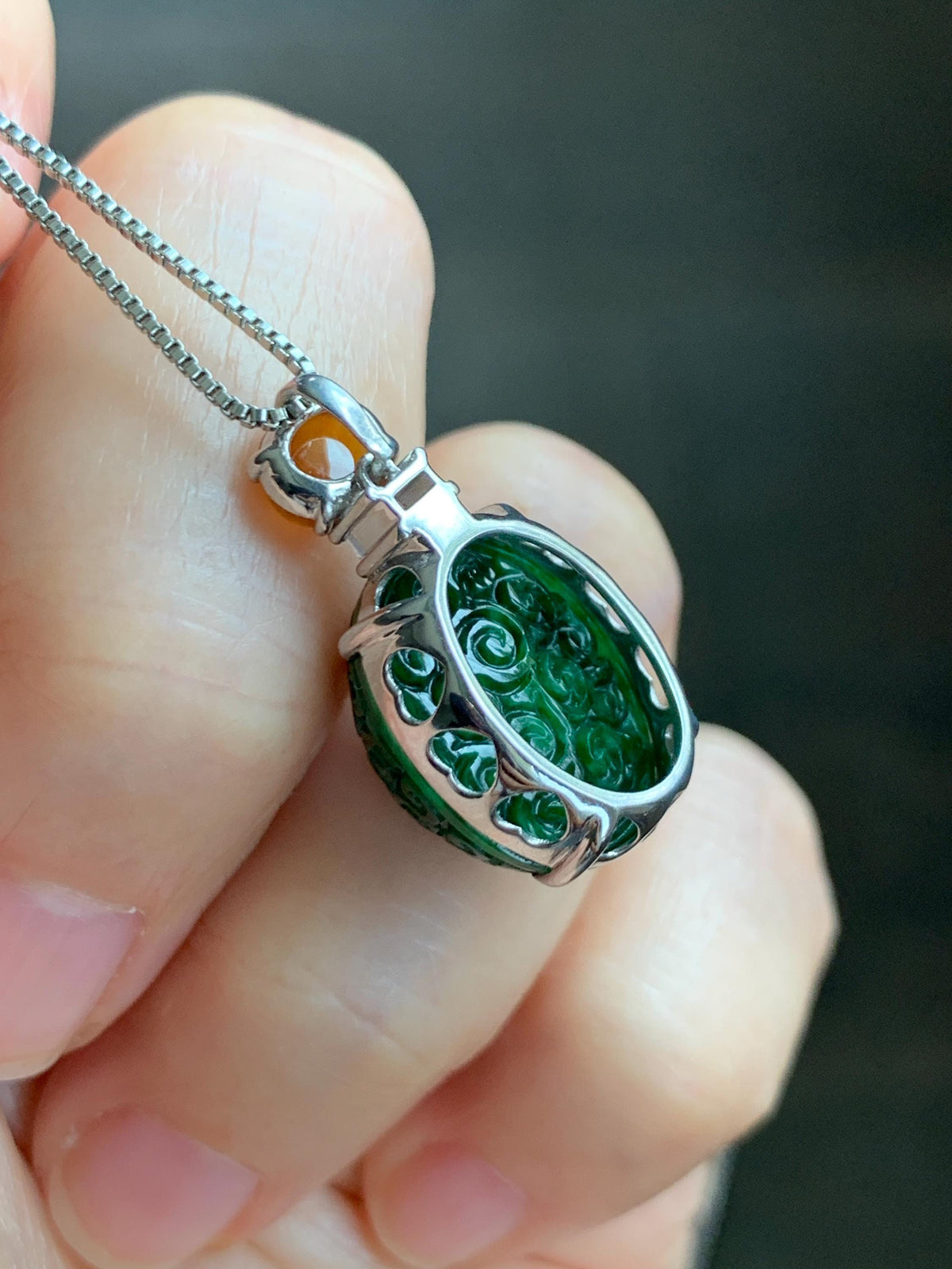 Certified Natural Grade A Icy Golden Yellow & Intense Green Jade Jadeite Engraved Oval Pendant Sterling Silver 4.37g 天然满绿花青翡翠黄翡顶珠仿古雕椭圆吊坠 998