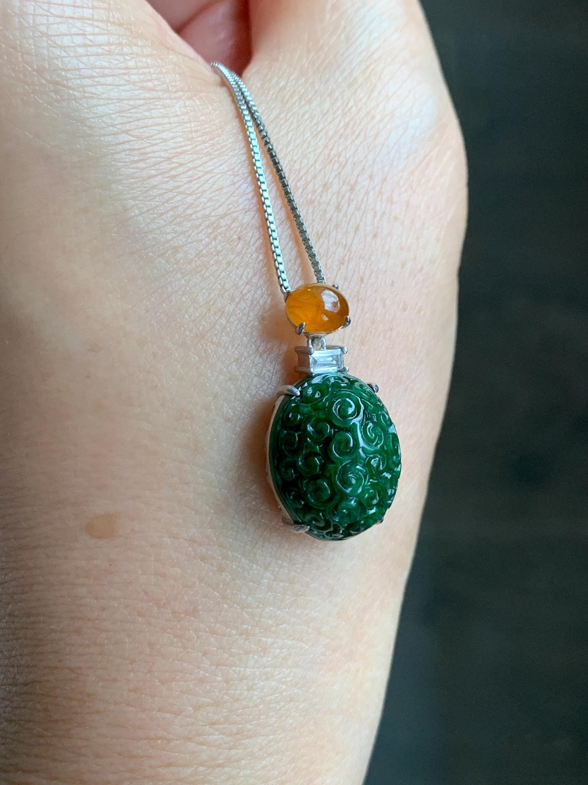 Certified Natural Grade A Icy Golden Yellow & Intense Green Jade Jadeite Engraved Oval Pendant Sterling Silver 4.37g 天然满绿花青翡翠黄翡顶珠仿古雕椭圆吊坠 998