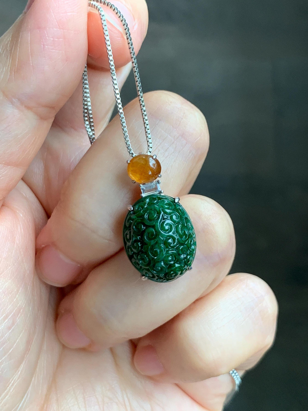 Certified Natural Grade A Icy Golden Yellow & Intense Green Jade Jadeite Engraved Oval Pendant Sterling Silver 4.37g 天然满绿花青翡翠黄翡顶珠仿古雕椭圆吊坠 998