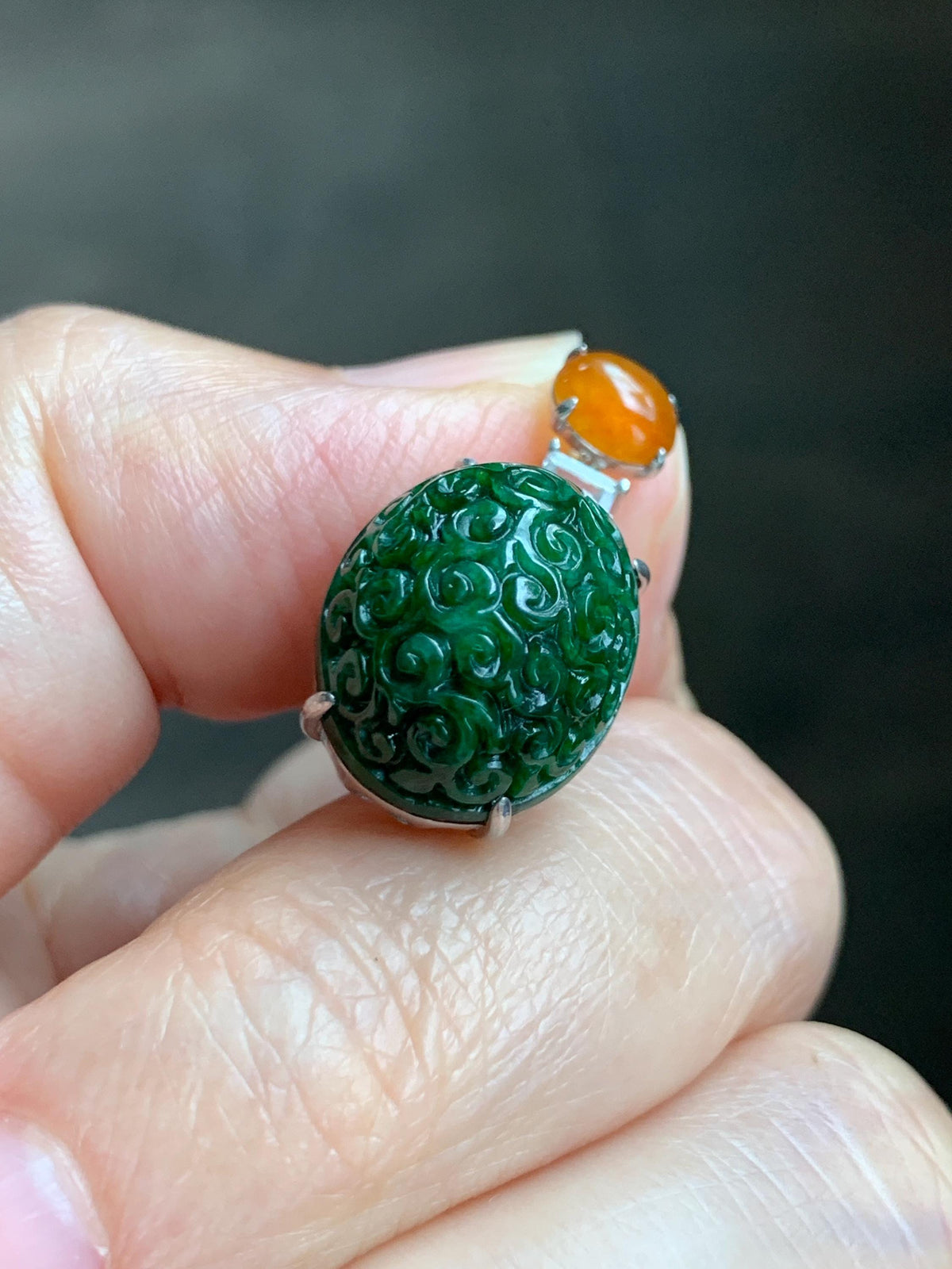 Certified Natural Grade A Icy Golden Yellow & Intense Green Jade Jadeite Engraved Oval Pendant Sterling Silver 4.37g 天然满绿花青翡翠黄翡顶珠仿古雕椭圆吊坠 998