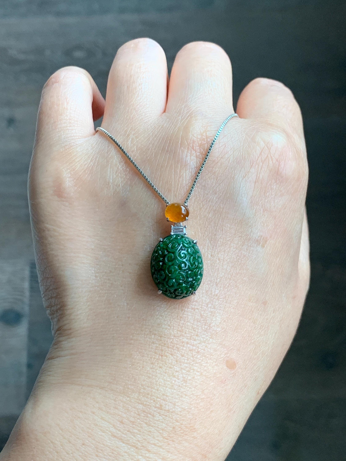 Certified Natural Grade A Icy Golden Yellow & Intense Green Jade Jadeite Engraved Oval Pendant Sterling Silver 4.37g 天然满绿花青翡翠黄翡顶珠仿古雕椭圆吊坠 998
