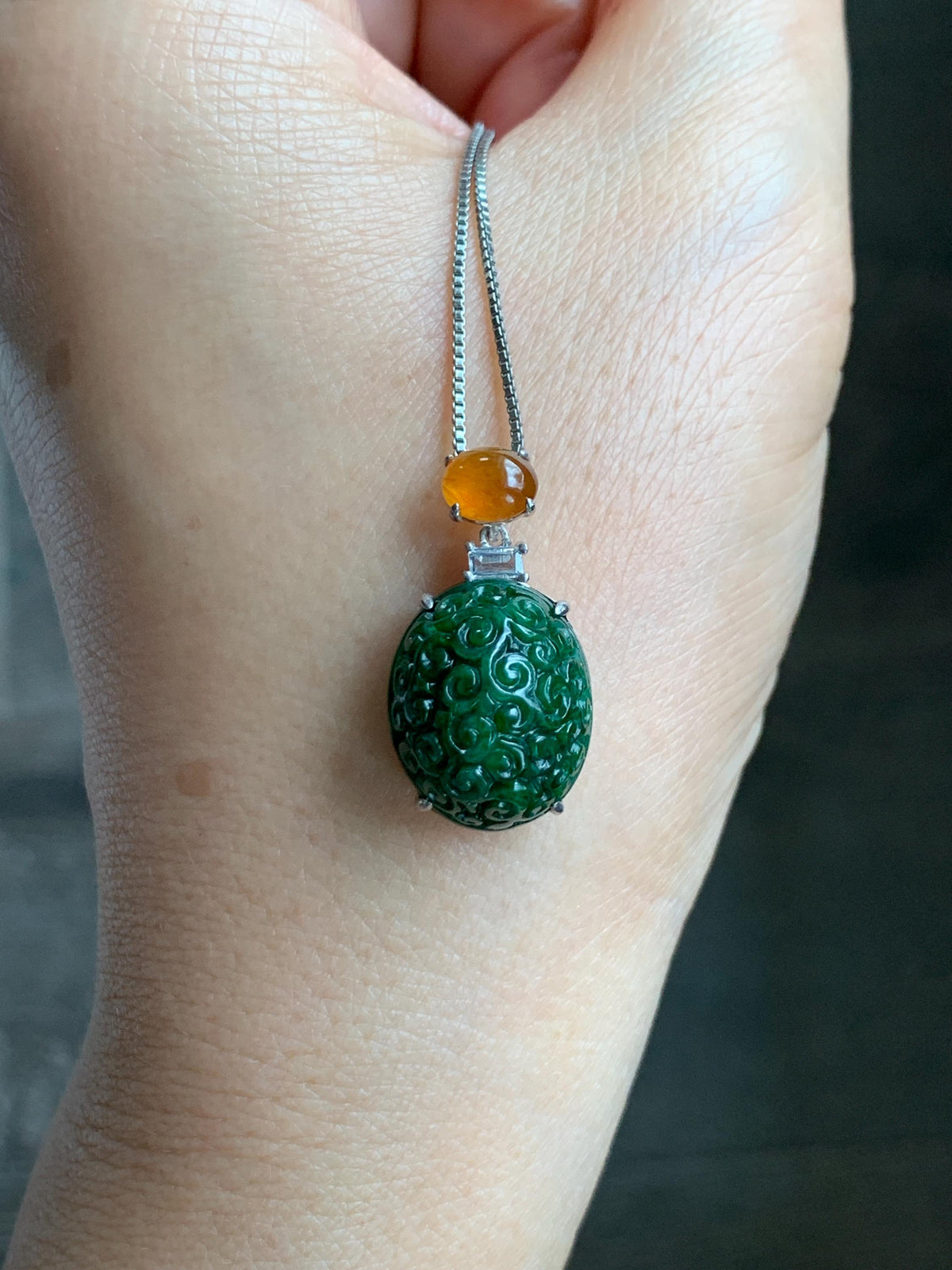 Certified Natural Grade A Icy Golden Yellow & Intense Green Jade Jadeite Engraved Oval Pendant Sterling Silver 4.37g 天然满绿花青翡翠黄翡顶珠仿古雕椭圆吊坠 998