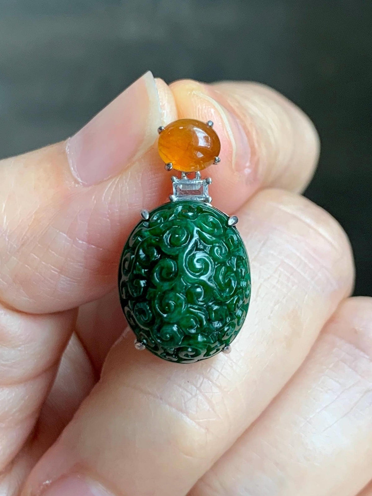Certified Natural Grade A Icy Golden Yellow & Intense Green Jade Jadeite Engraved Oval Pendant Sterling Silver 4.37g 天然满绿花青翡翠黄翡顶珠仿古雕椭圆吊坠 998
