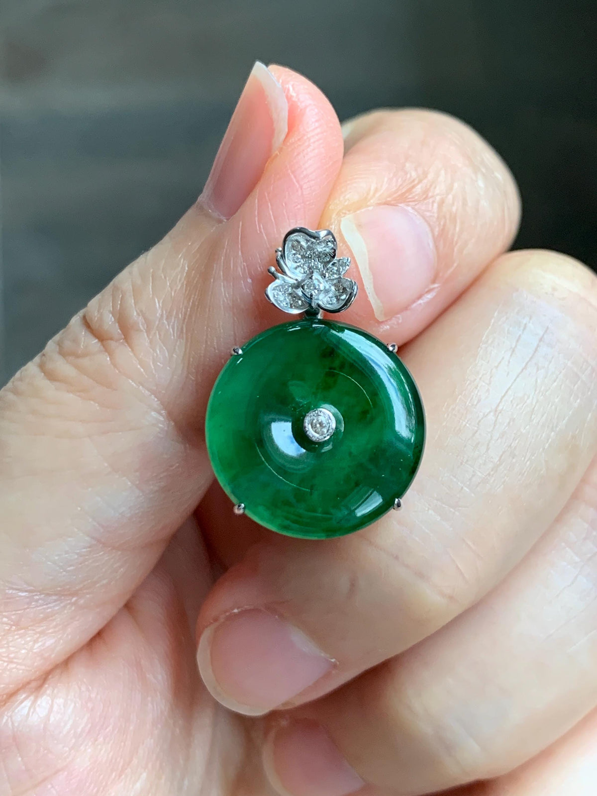 Certified Natural Grade A Guatemalan Icy Translucent Vibrant Green Jade Jadeite Ping An Kou Donut Pendant Sterling Silver 天然冰危绿翡翠平安扣吊坠 1001