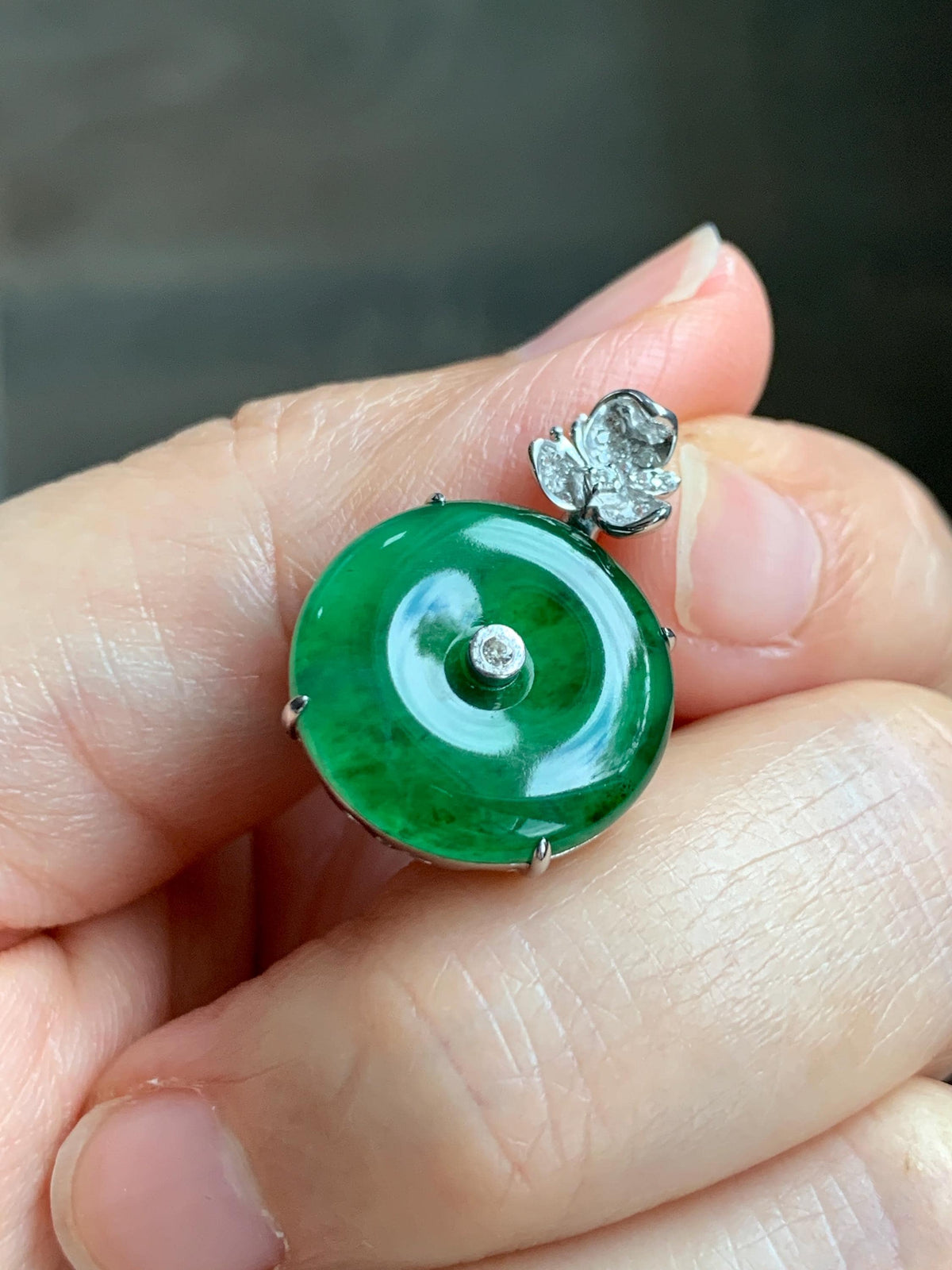 Certified Natural Grade A Guatemalan Icy Translucent Vibrant Green Jade Jadeite Ping An Kou Donut Pendant Sterling Silver 天然冰危绿翡翠平安扣吊坠 1001
