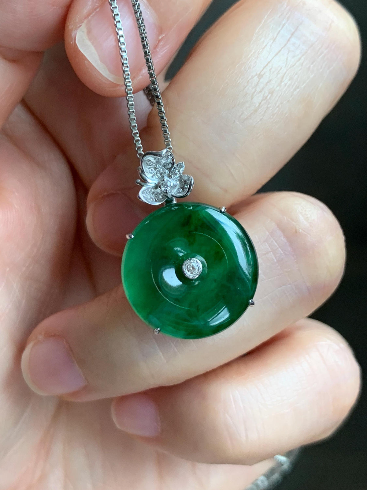 Certified Natural Grade A Guatemalan Icy Translucent Vibrant Green Jade Jadeite Ping An Kou Donut Pendant Sterling Silver 天然冰危绿翡翠平安扣吊坠 1001