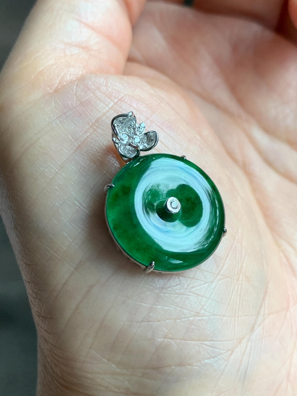 Certified Natural Grade A Guatemalan Icy Translucent Vibrant Green Jade Jadeite Ping An Kou Donut Pendant Sterling Silver 天然冰危绿翡翠平安扣吊坠 1016