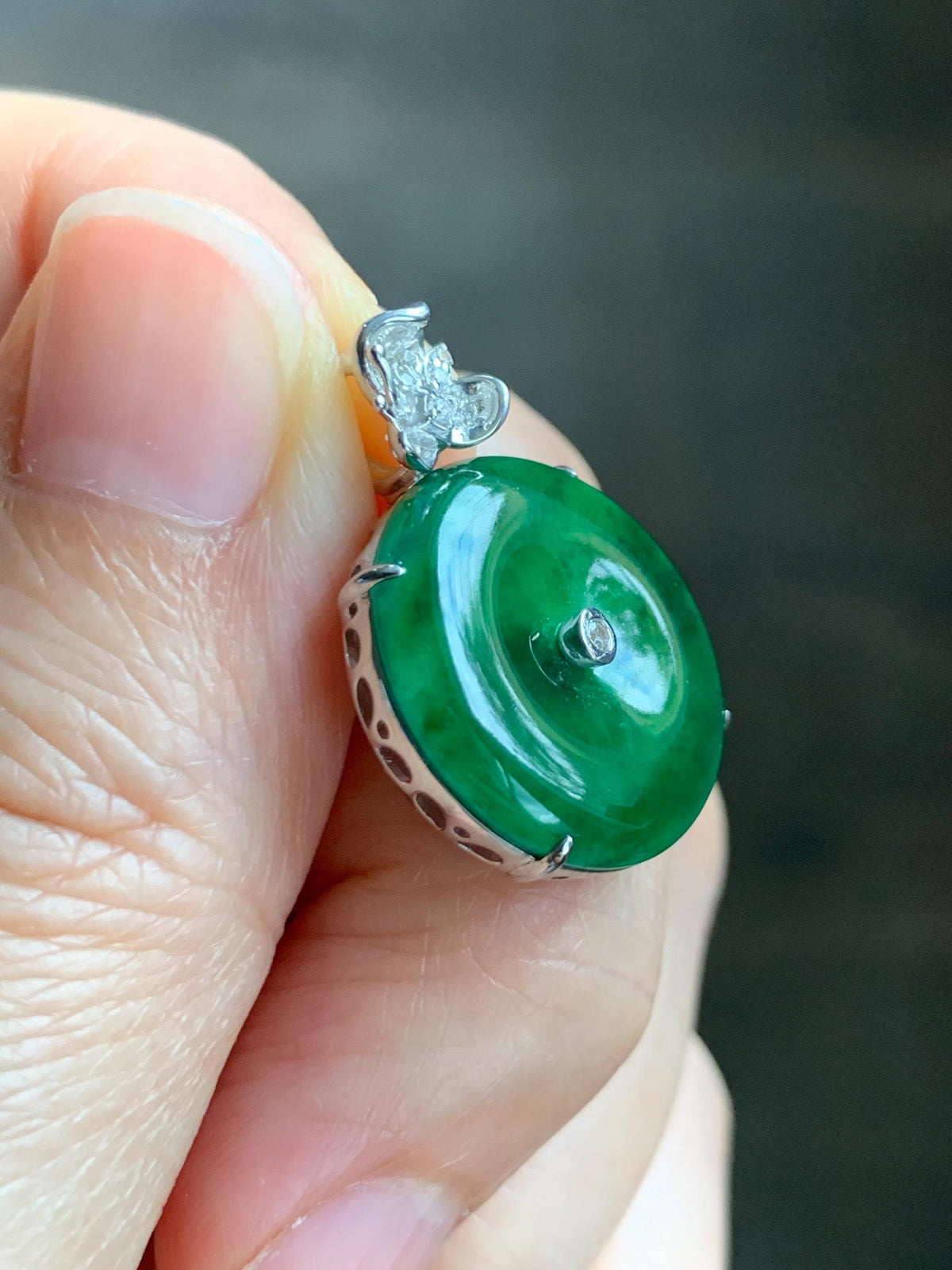 Certified Natural Grade A Guatemalan Icy Translucent Vibrant Green Jade Jadeite Ping An Kou Donut Pendant Sterling Silver 天然冰危绿翡翠平安扣吊坠 1016