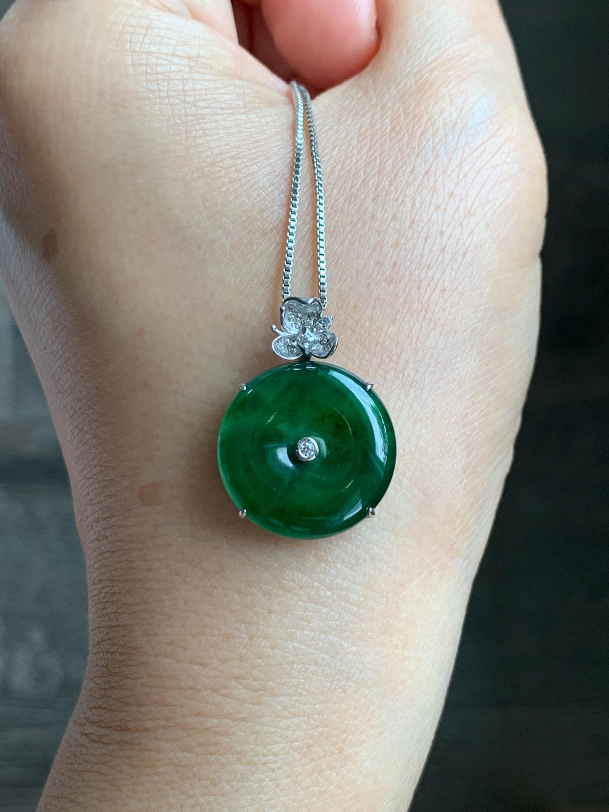 Certified Natural Grade A Guatemalan Icy Translucent Vibrant Green Jade Jadeite Ping An Kou Donut Pendant Sterling Silver 天然冰危绿翡翠平安扣吊坠 1016