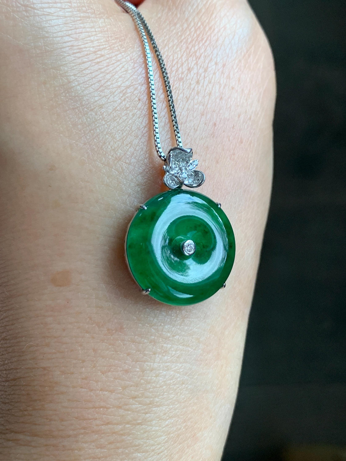Certified Natural Grade A Guatemalan Icy Translucent Vibrant Green Jade Jadeite Ping An Kou Donut Pendant Sterling Silver 天然冰危绿翡翠平安扣吊坠 1016
