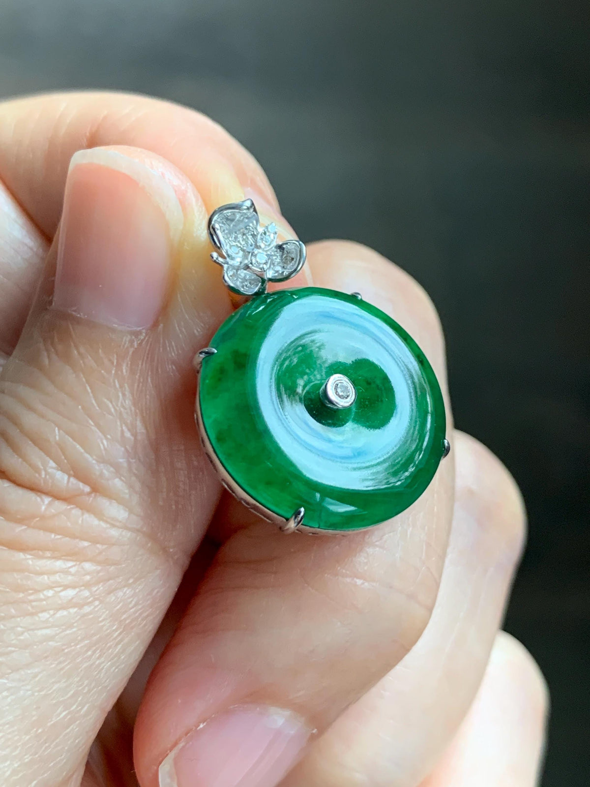 Certified Natural Grade A Guatemalan Icy Translucent Vibrant Green Jade Jadeite Ping An Kou Donut Pendant Sterling Silver 天然冰危绿翡翠平安扣吊坠 1016