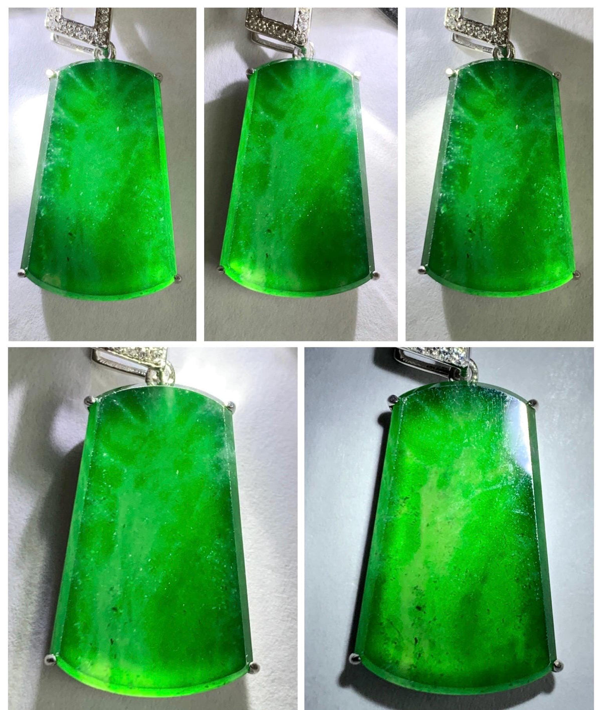 Certified Natural Grade A Guatemalan Icy Translucent Vibrant Green Jade Jadeite Wu Shi Pai Pendant Sterling Silver 3.83g 天然冰危绿翡翠无事牌镶嵌吊坠 1008