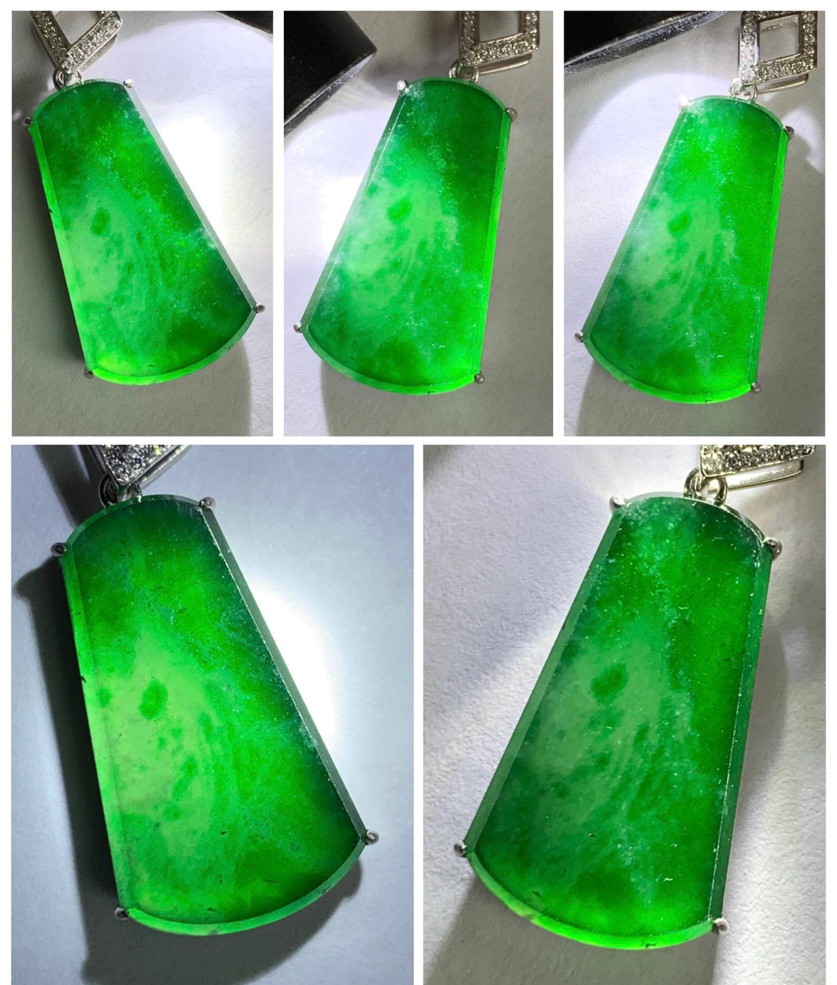 Certified Natural Grade A Guatemalan Icy Translucent Vibrant Green Jade Jadeite Wu Shi Pai Pendant Sterling Silver 3.79g 天然冰危绿翡翠无事牌镶嵌吊坠 1007