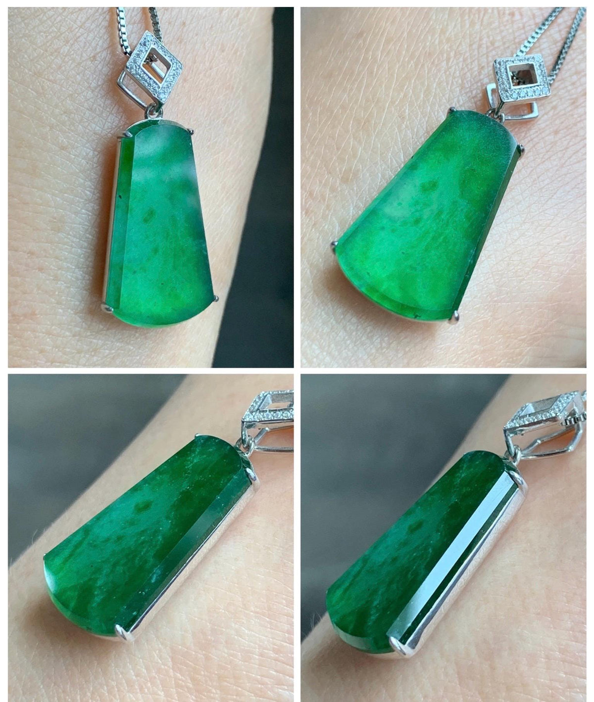 Certified Natural Grade A Guatemalan Icy Translucent Vibrant Green Jade Jadeite Wu Shi Pai Pendant Sterling Silver 3.79g 天然冰危绿翡翠无事牌镶嵌吊坠 1007