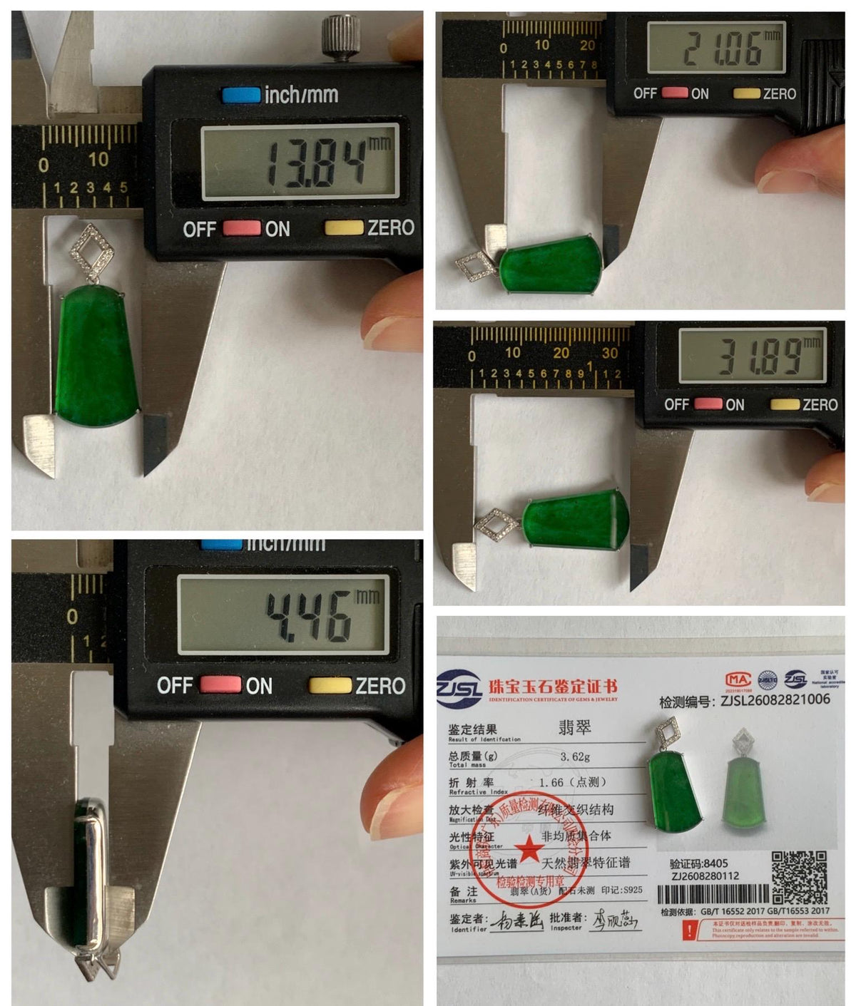 Certified Natural Grade A Guatemalan Icy Translucent Vibrant Green Jade Jadeite Wu Shi Pai Pendant Sterling Silver 3.62g 天然冰危绿翡翠无事牌镶嵌吊坠 1006