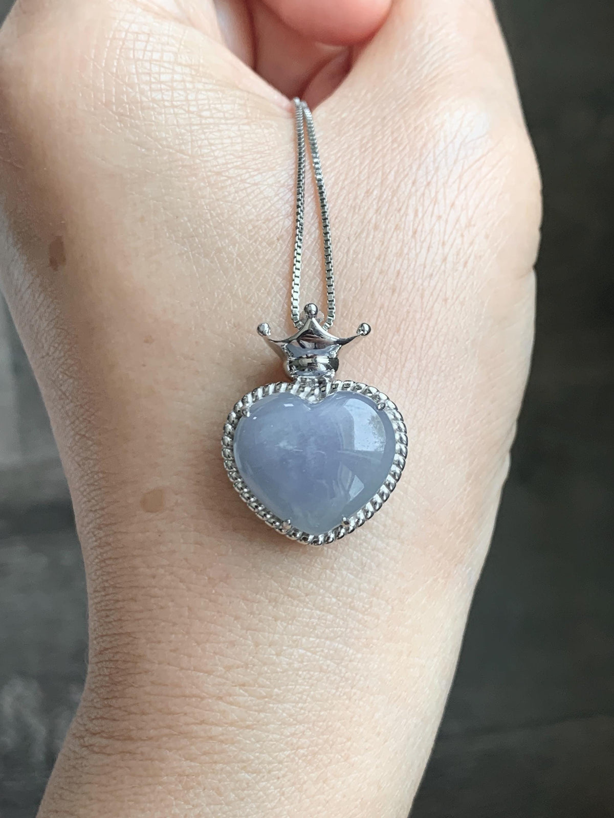 Certified Natural Grade A Icy Translucent Pale Purple Jade Jadeite Heart Pendant Crown Design Sterling Silver 5.73g 天然冰紫底翡翠爱心皇冠镶嵌吊坠 1005