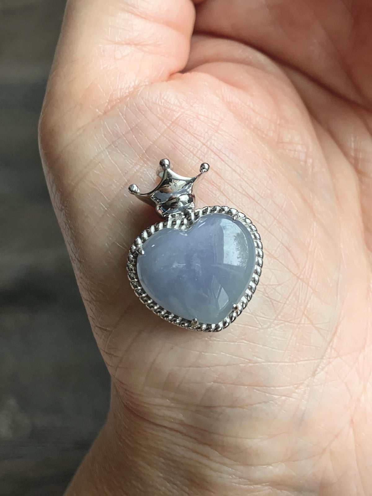 Certified Natural Grade A Icy Translucent Pale Purple Jade Jadeite Heart Pendant Crown Design Sterling Silver 5.73g 天然冰紫底翡翠爱心皇冠镶嵌吊坠 1005