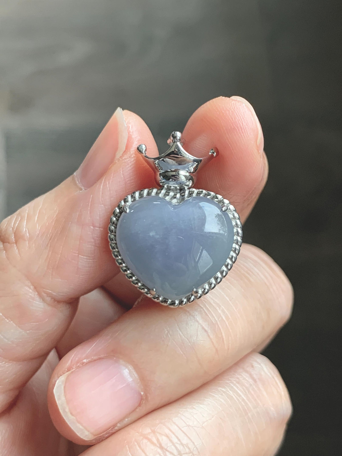 Certified Natural Grade A Icy Translucent Pale Purple Jade Jadeite Heart Pendant Crown Design Sterling Silver 5.73g 天然冰紫底翡翠爱心皇冠镶嵌吊坠 1005