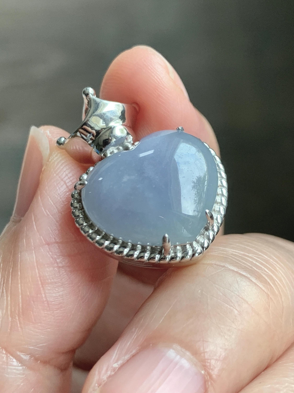 Certified Natural Grade A Icy Translucent Pale Purple Jade Jadeite Heart Pendant Crown Design Sterling Silver 5.73g 天然冰紫底翡翠爱心皇冠镶嵌吊坠 1005