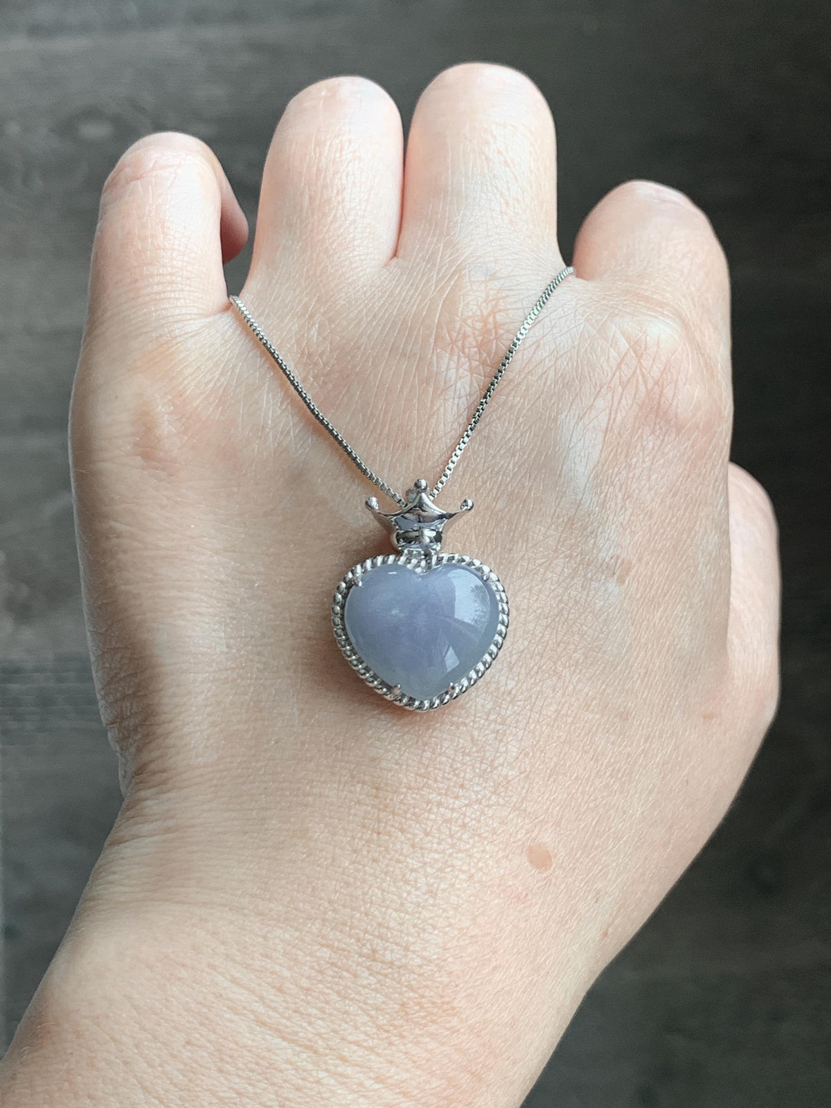 Certified Natural Grade A Icy Translucent Pale Purple Jade Jadeite Heart Pendant Crown Design Sterling Silver 5.73g 天然冰紫底翡翠爱心皇冠镶嵌吊坠 1005