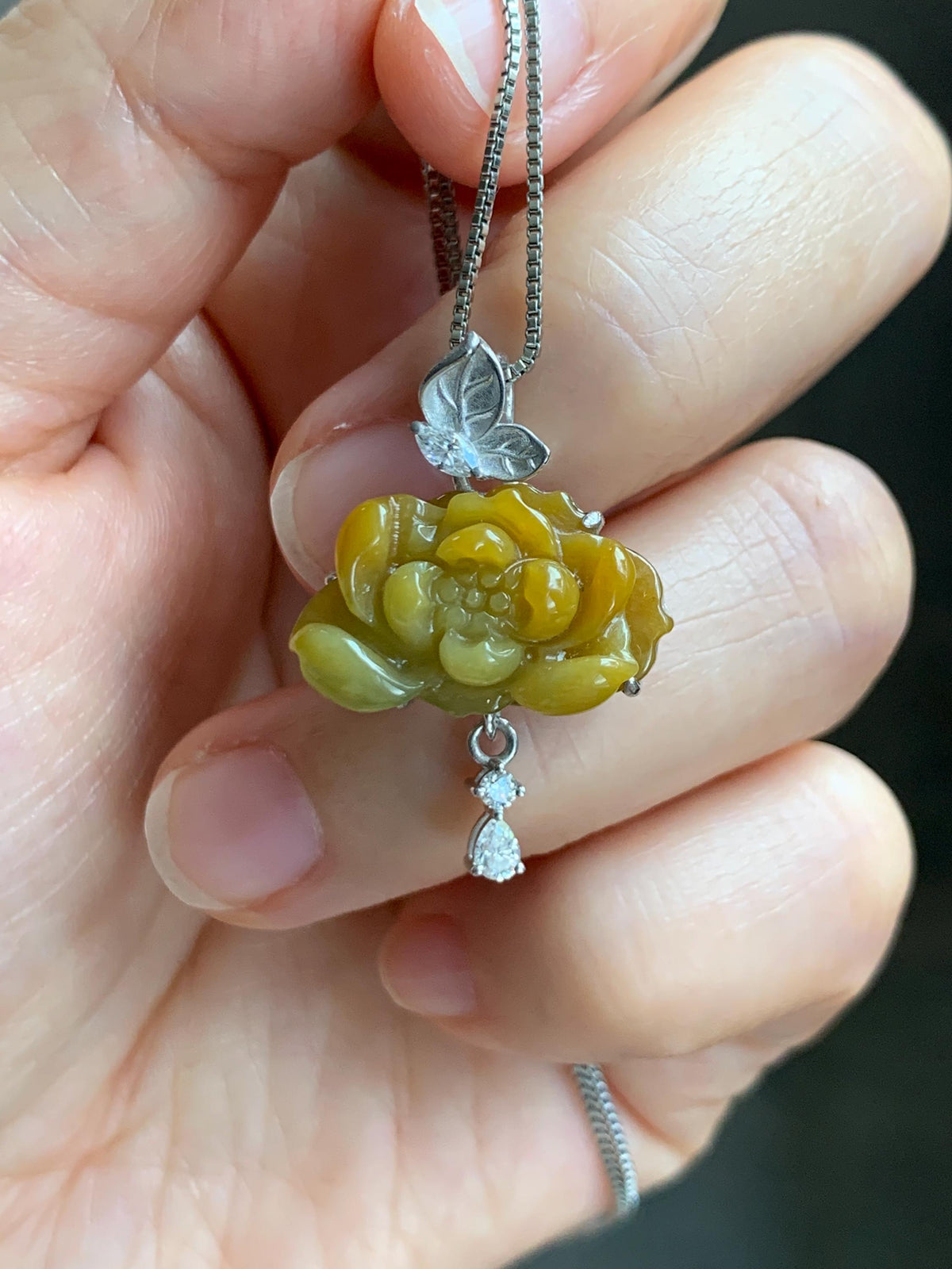 Certified Grade A Natural Guatemalan Icy Intense Yellow Jade Jadeite Lotus Flower Pendant Moissanite Sterling Silver 4g 天然冰危油黄翡翠莲花镶嵌吊坠 1004