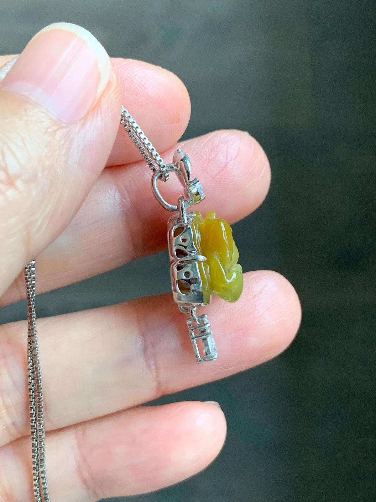 Certified Grade A Natural Guatemalan Icy Intense Yellow Jade Jadeite Lotus Flower Pendant Moissanite Sterling Silver 4g 天然冰危油黄翡翠莲花镶嵌吊坠 1004