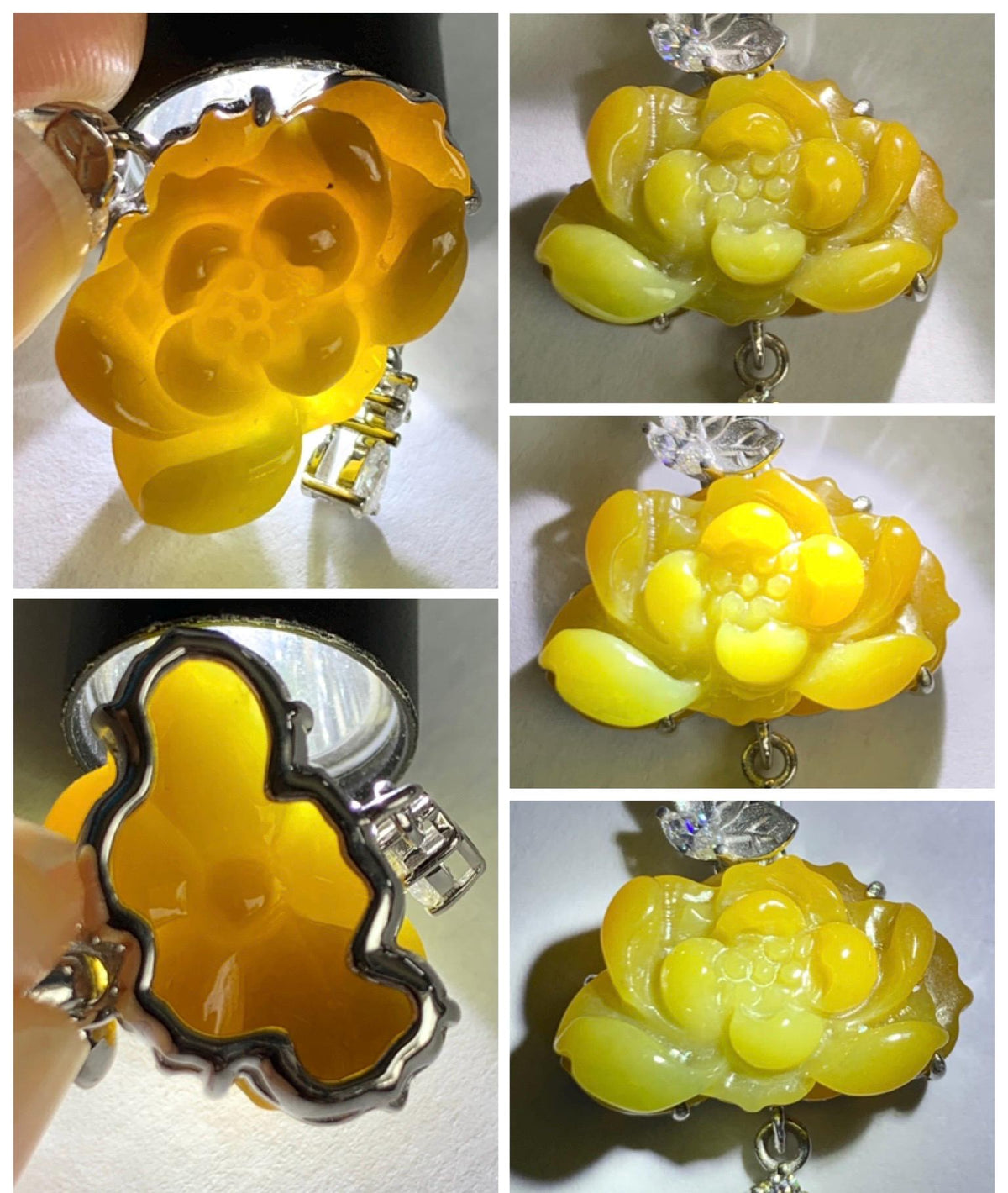 Certified Grade A Natural Guatemalan Icy Intense Yellow Jade Jadeite Lotus Flower Pendant Moissanite Sterling Silver 4g 天然冰危油黄翡翠莲花镶嵌吊坠 1004